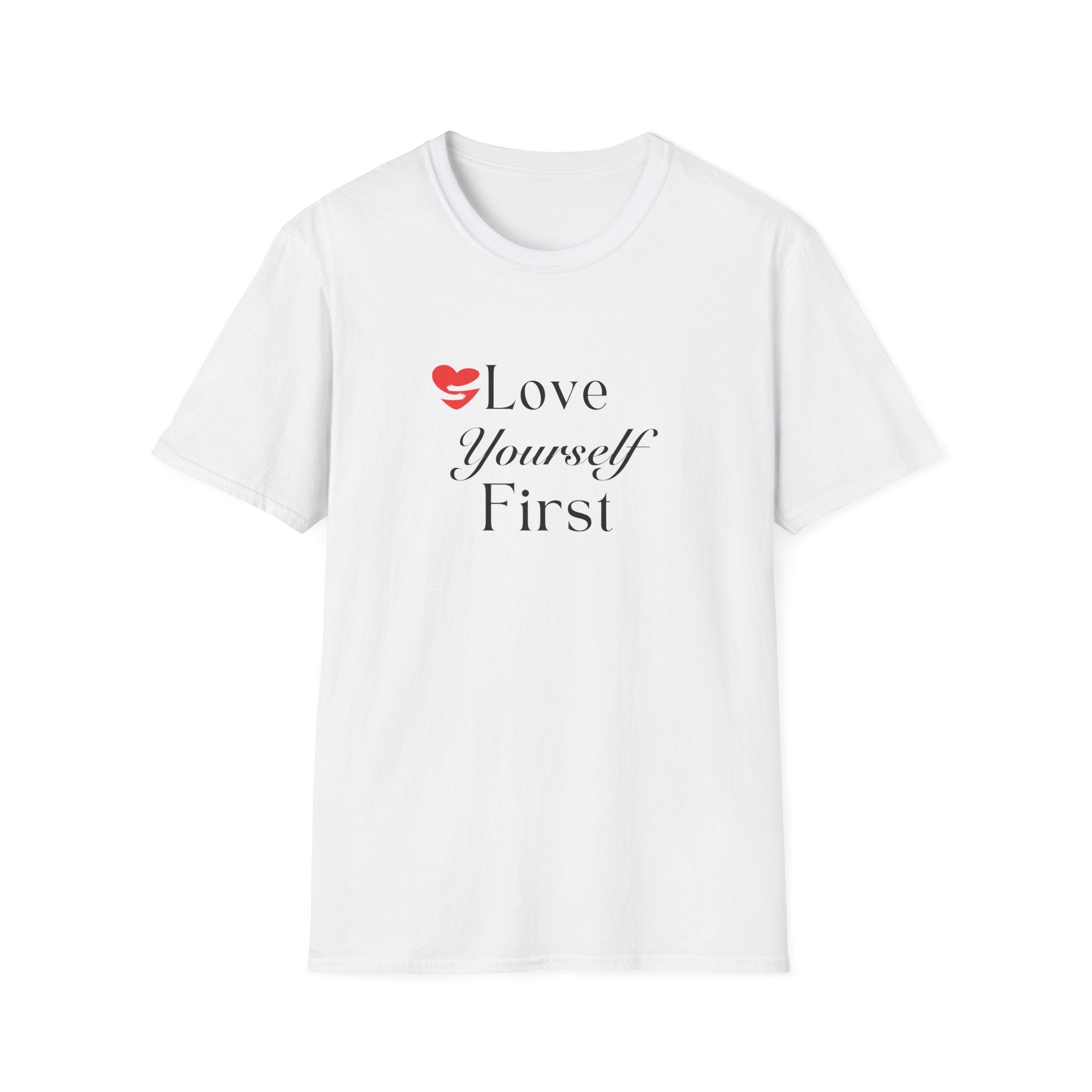 White t-shirt with 'Love Yourself First' text and heart symbol on a white background