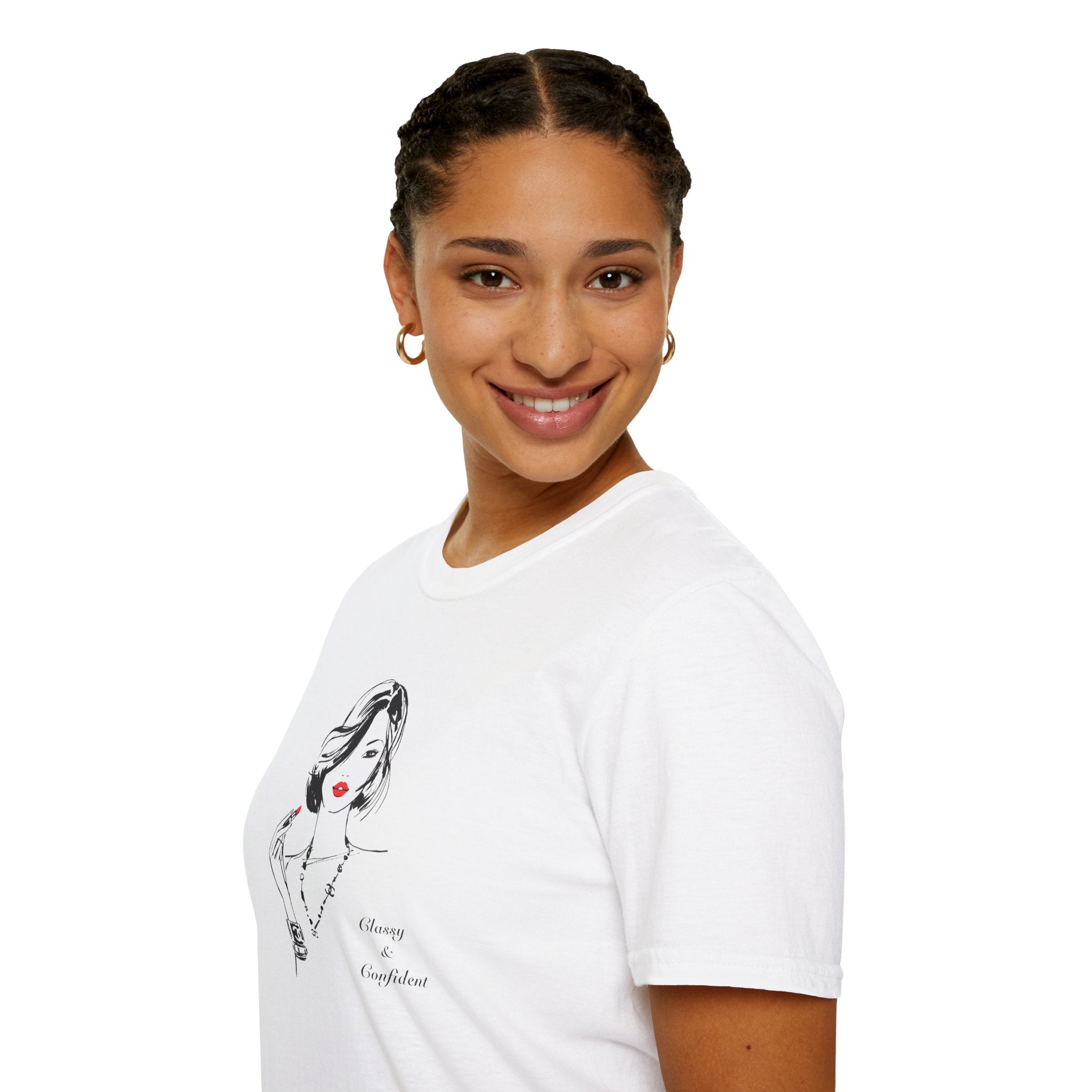 Person wearing a white t-shirt with a graphic design on a white background