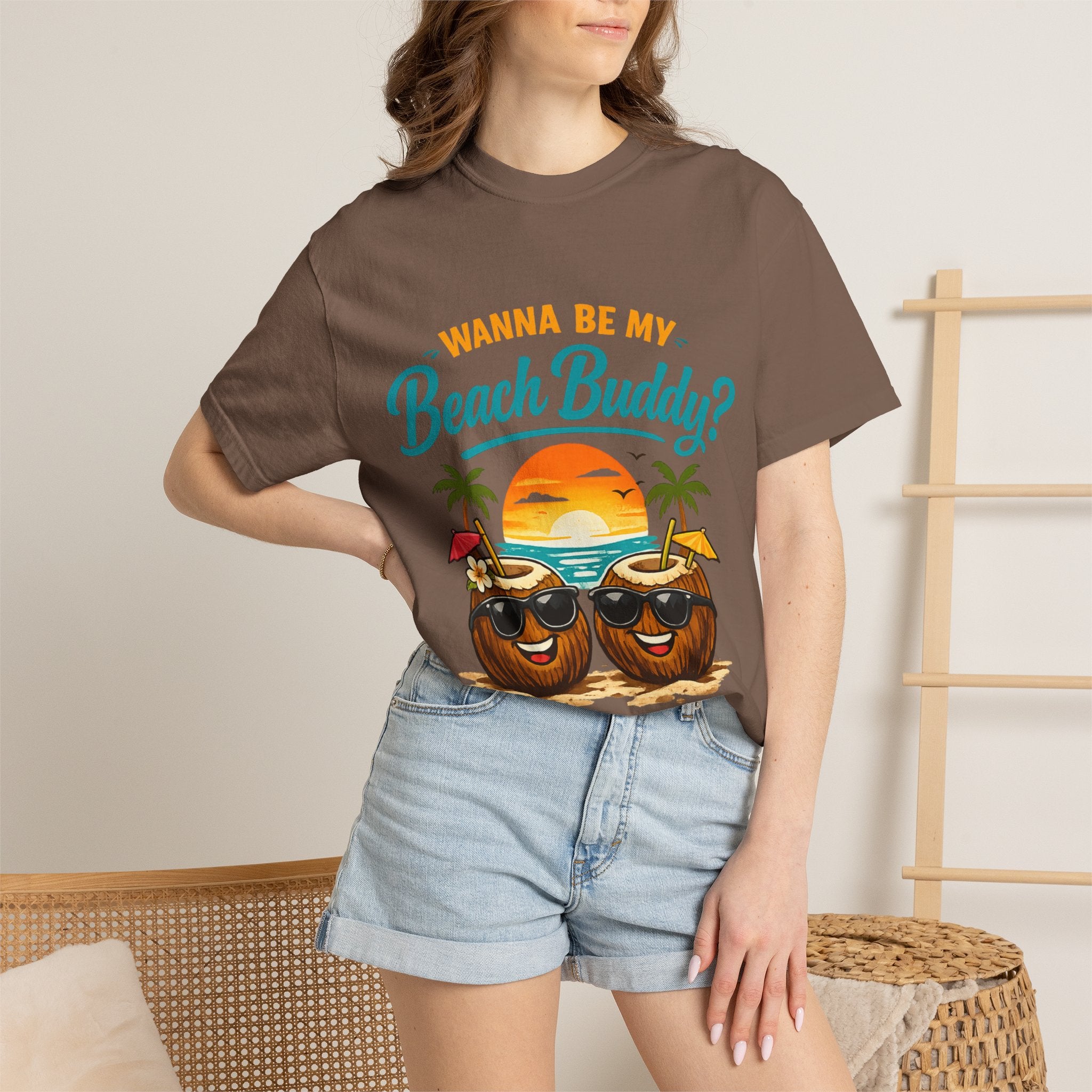 Beach Buddy T-Shirt — "Wanna Be My Beach Buddy?" Tropical Coconut Sunset Tee