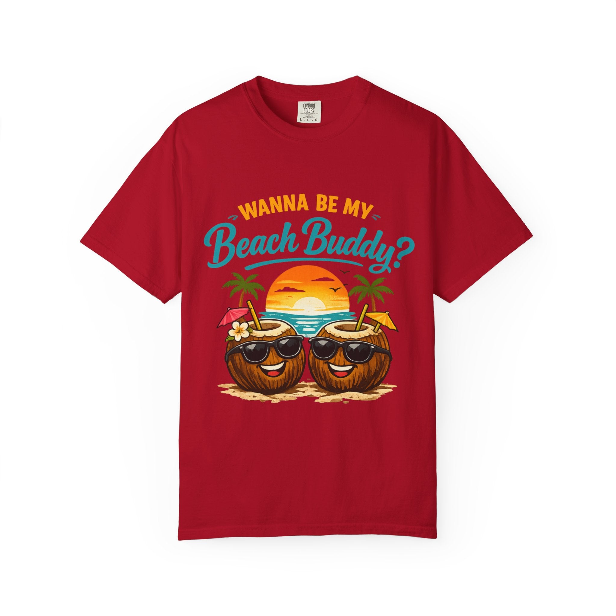 Beach Buddy T-Shirt — "Wanna Be My Beach Buddy?" Tropical Coconut Sunset Tee