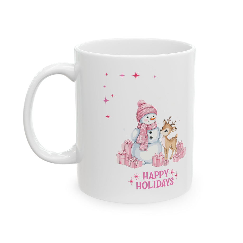Christmas Reindeer & Pink Snowflakes Ceramic Mug (11oz, 15oz)