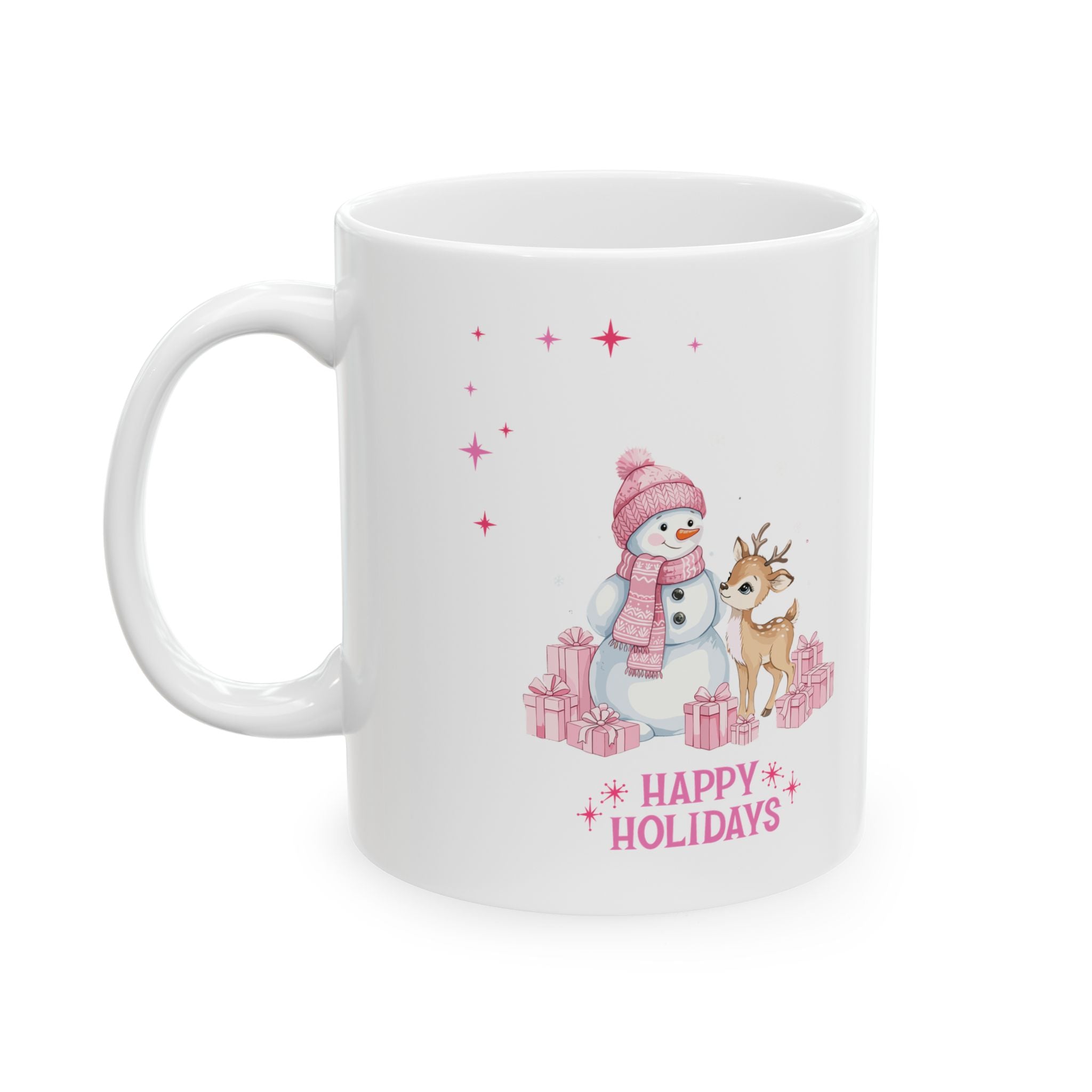Christmas Reindeer & Pink Snowflakes Ceramic Mug (11oz, 15oz)