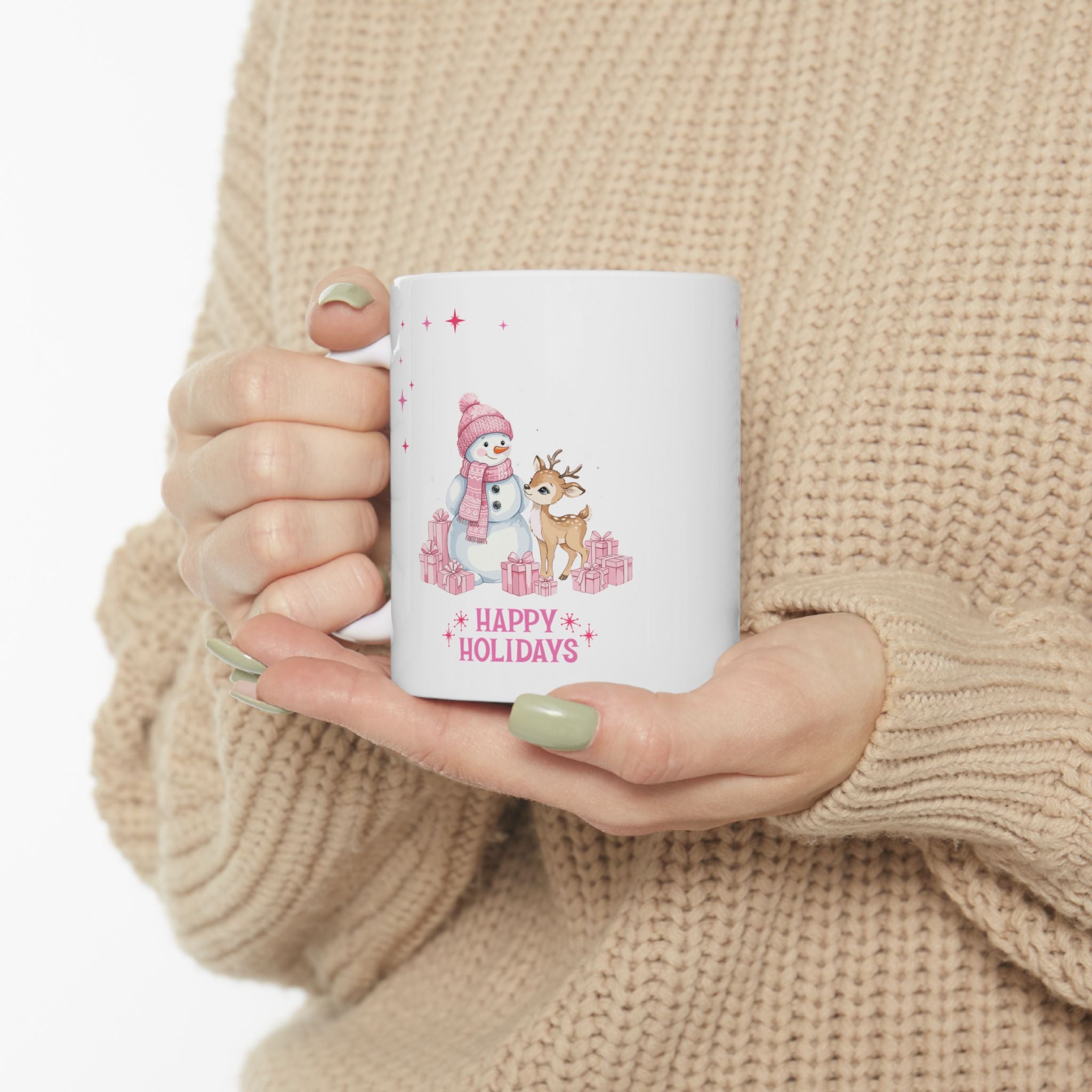 Christmas Reindeer & Pink Snowflakes Ceramic Mug (11oz, 15oz)