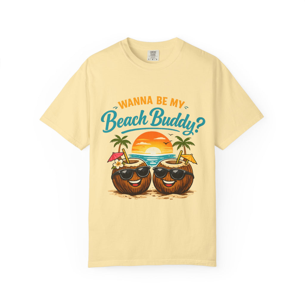 Beige t-shirt with beach-themed design featuring coconuts and text 'Wanna be my Beach Buddy?' on a white background.