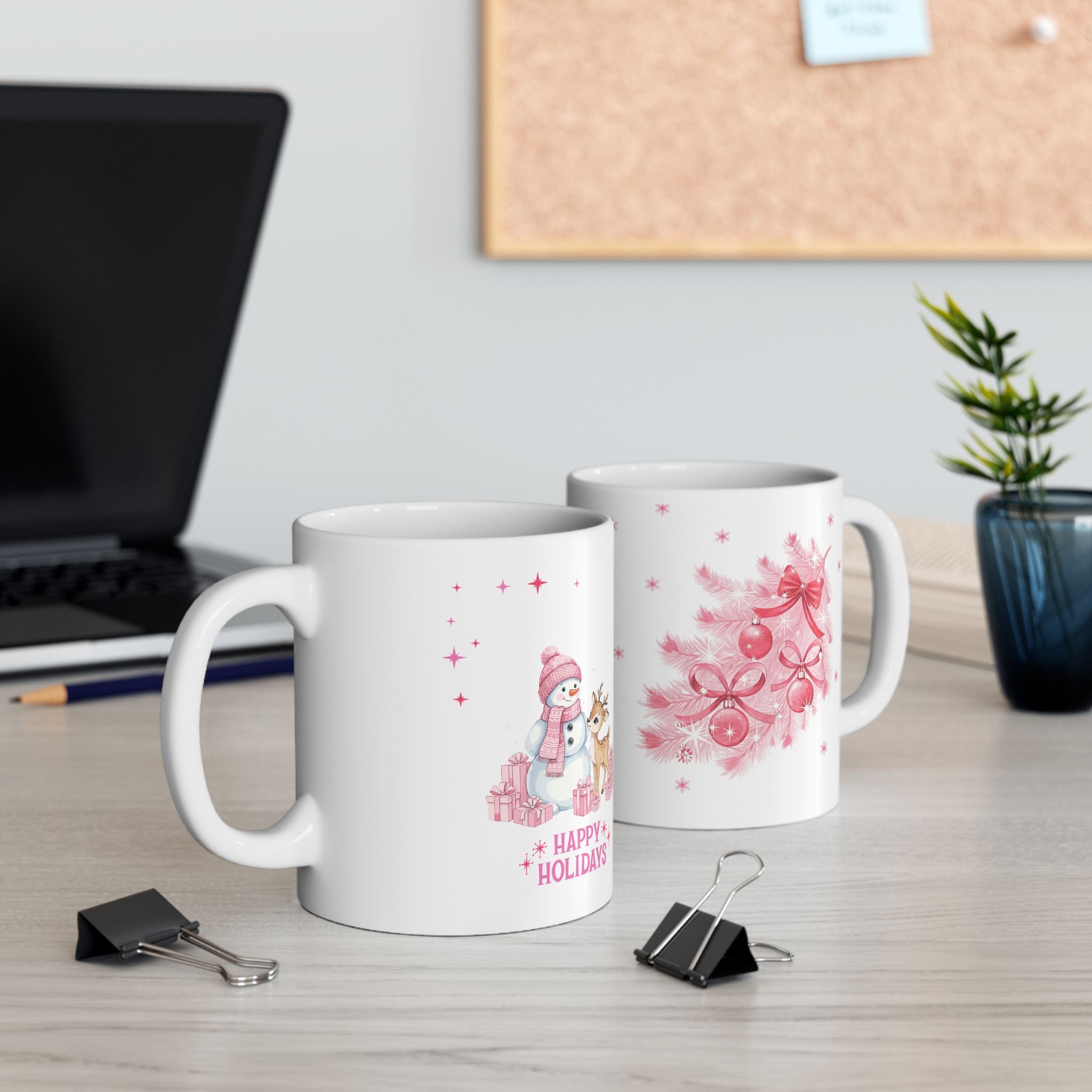 Christmas Reindeer & Pink Snowflakes Ceramic Mug (11oz, 15oz)