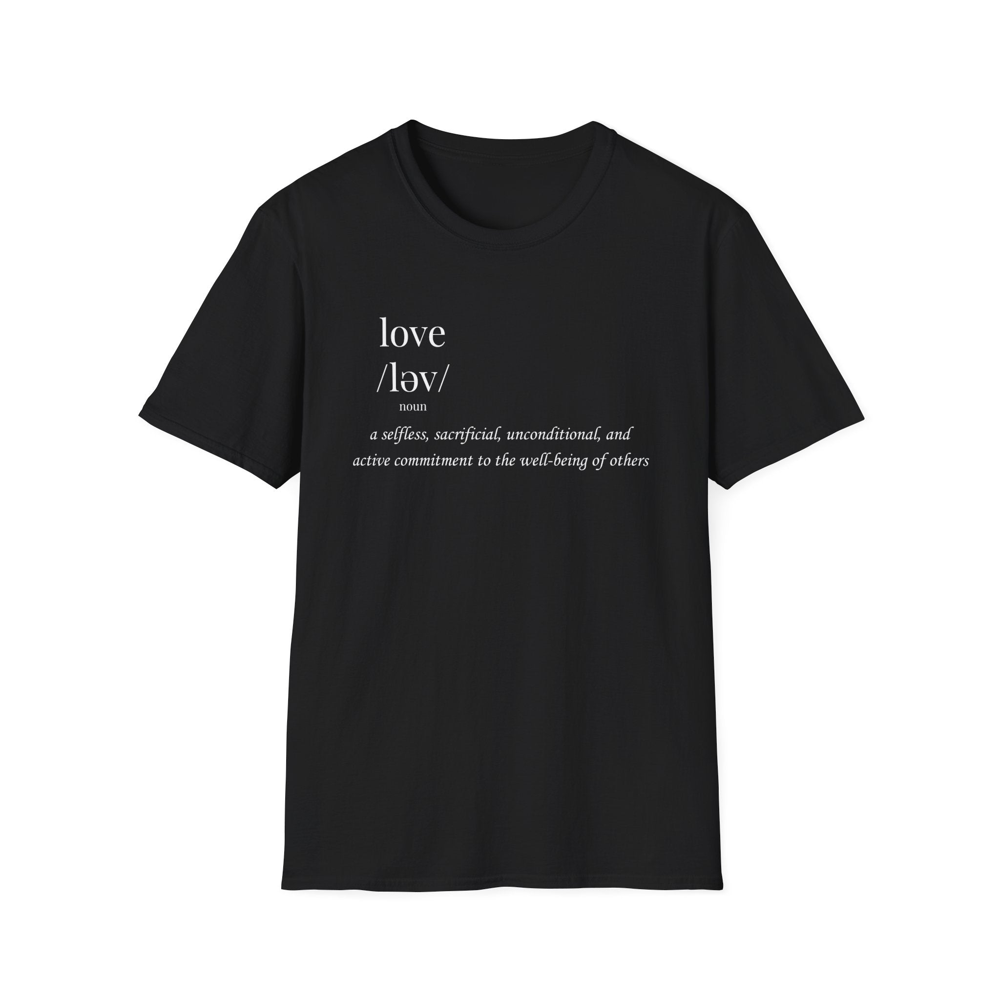 Black t-shirt with white text on a white background