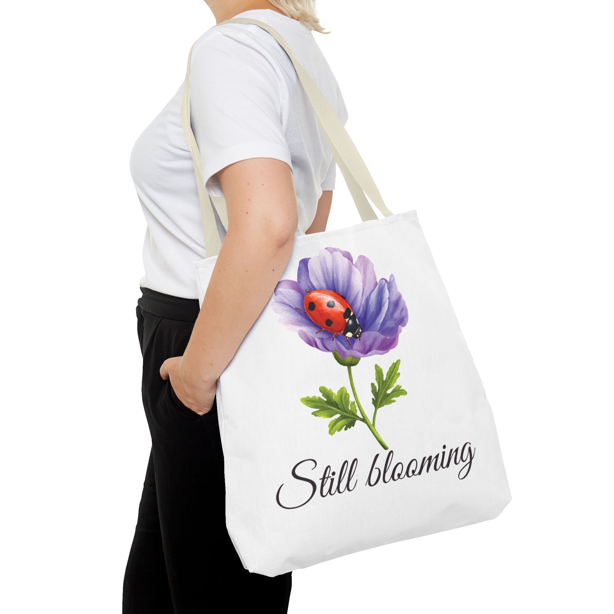 Still Blooming Tote Bag, Aesthetic Canvas Tote Bag, Cute Everyday Bag, Floral Ladybug Tote, Soft Life Gift