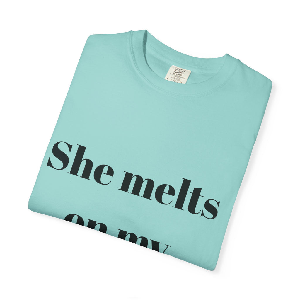 Funny Couple T-Shirt | She Melts on My Tongue Tee | Naughty Gift for Him | Cheeky Matching Shirt for Couples | Bold Statement Shirt