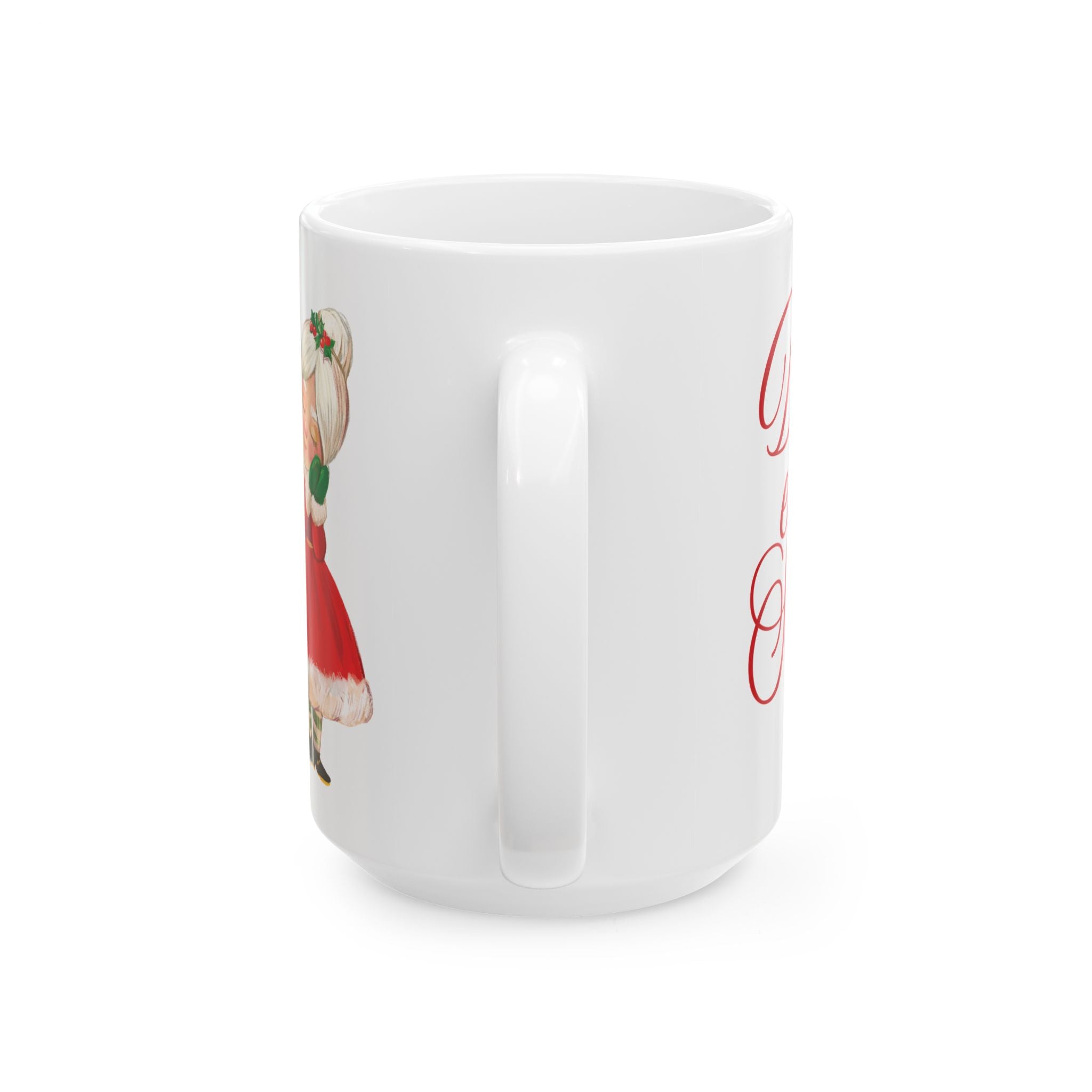 White mug with a Christmas-themed design featuring Santa Claus on a white background