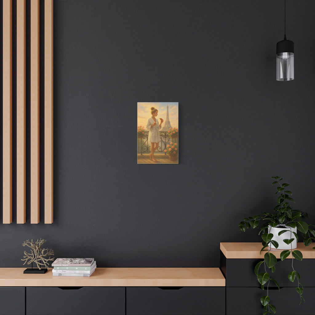 Poster of a woman with a parasol on a dark wall above a wooden shelf.