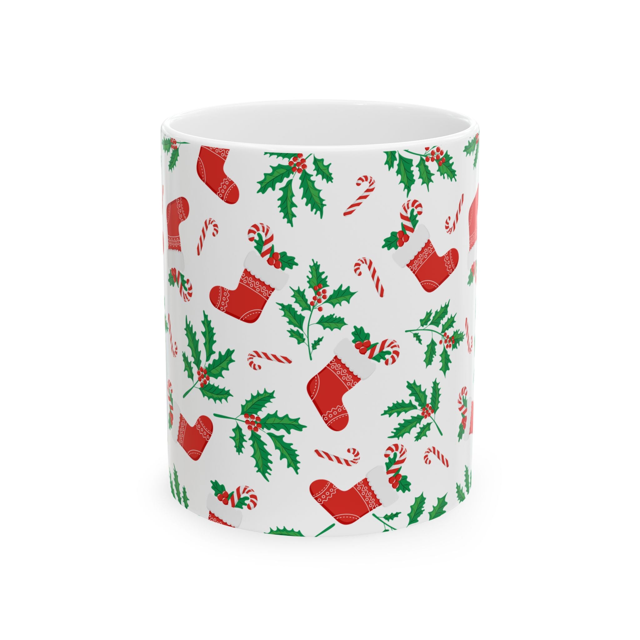 Christmas Stocking & Candy Cane Ceramic Mug — Holiday Pattern Coffee Cup (11oz, 15oz)