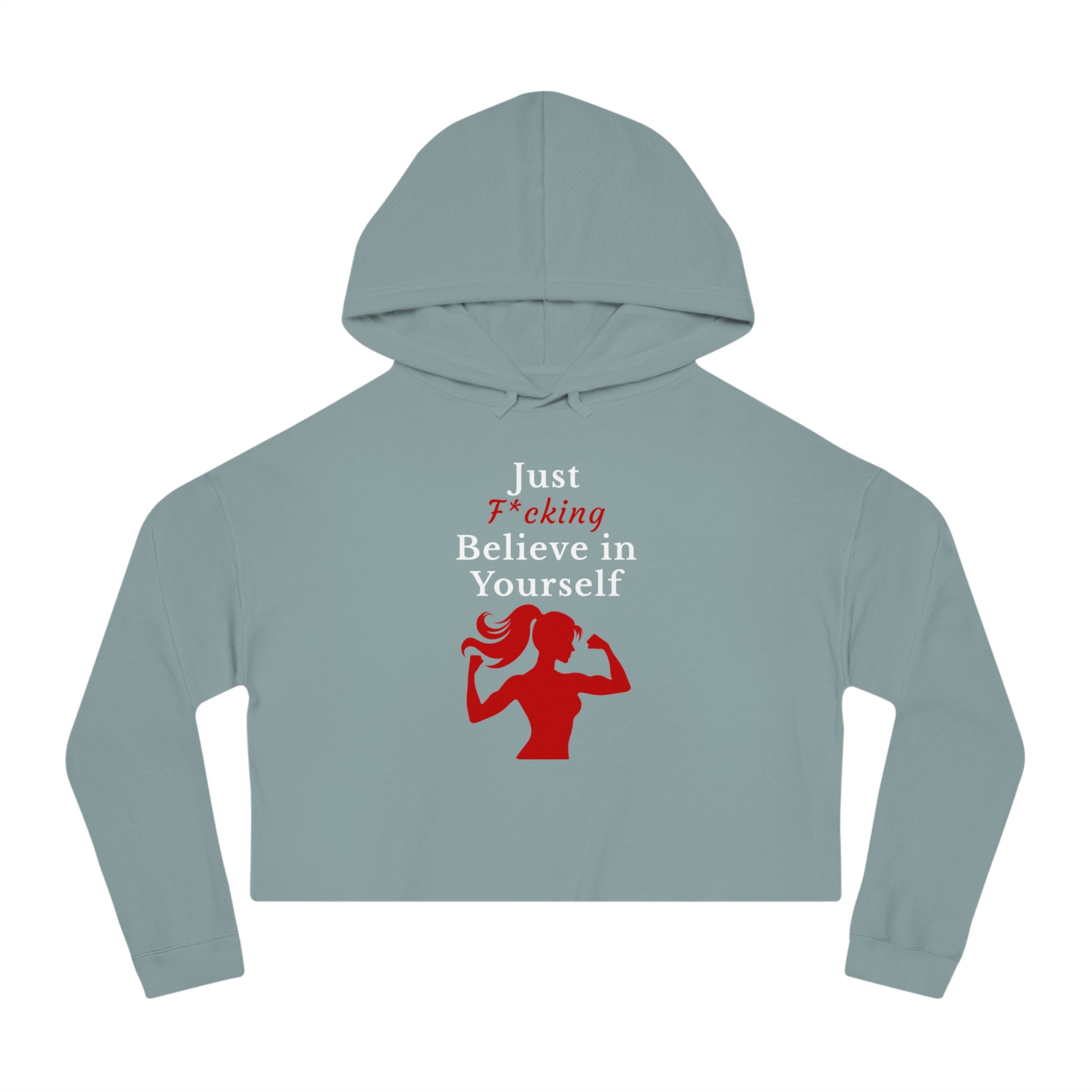 Light blue hoodie with red and white graphic and text on a white background