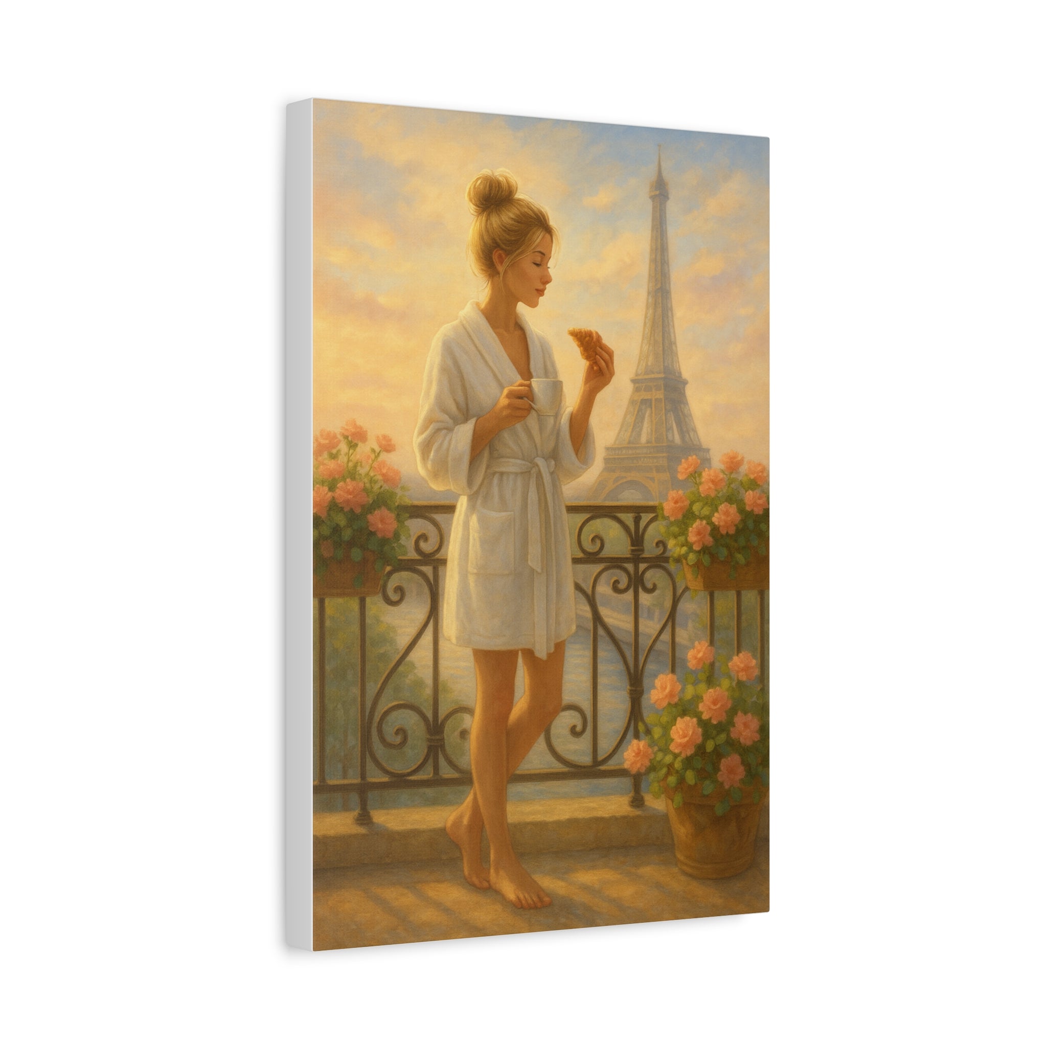 Woman in a bathrobe standing on a balcony with the Eiffel Tower in the background