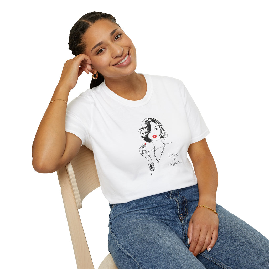 Woman wearing a white t-shirt with a graphic design, sitting on a chair against a white background