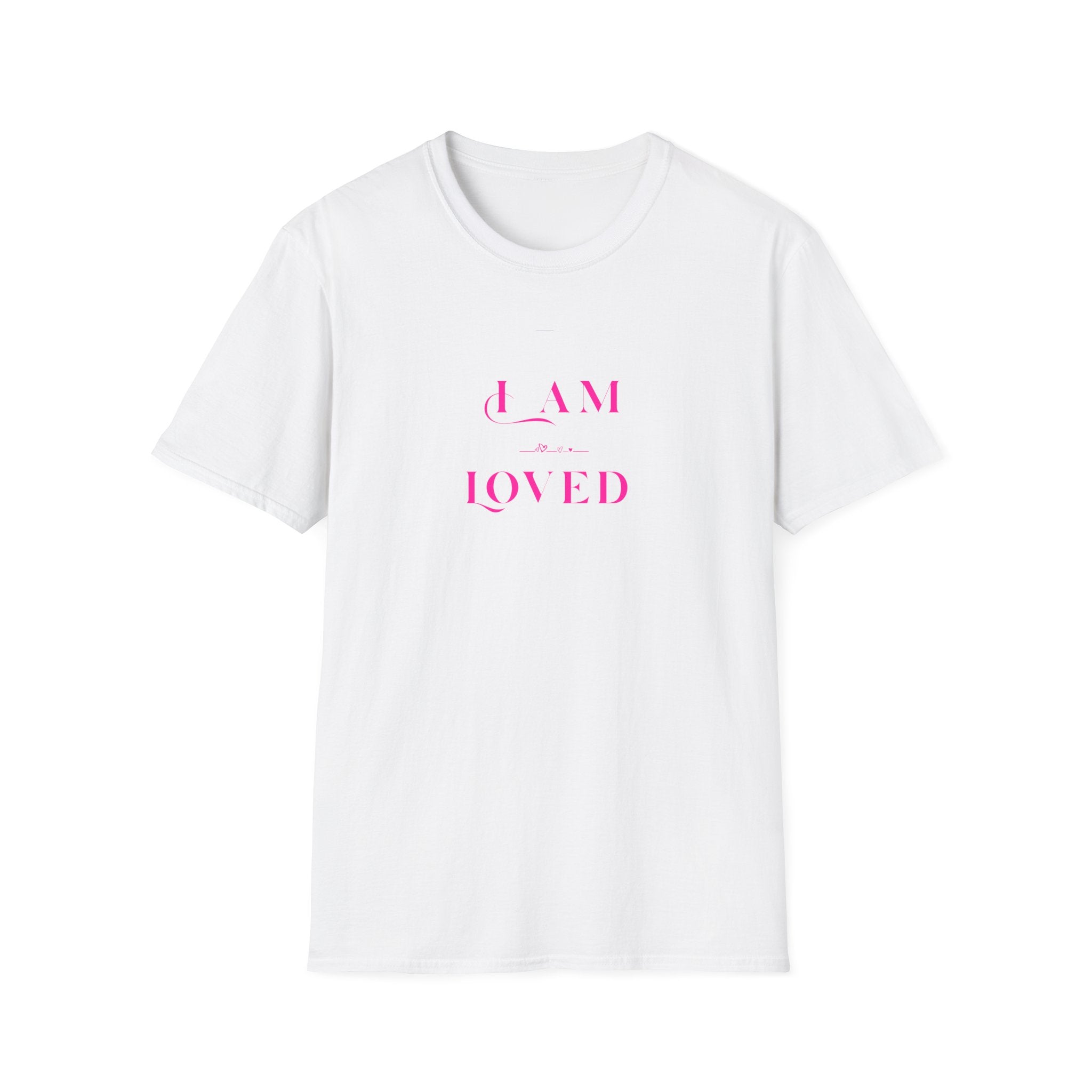 White t-shirt with pink text 'I AM LOVED' on a white background