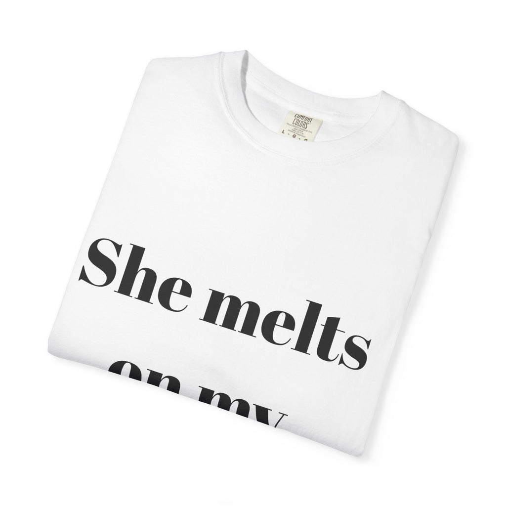 Funny Couple T-Shirt | She Melts on My Tongue Tee | Naughty Gift for Him | Cheeky Matching Shirt for Couples | Bold Statement Shirt