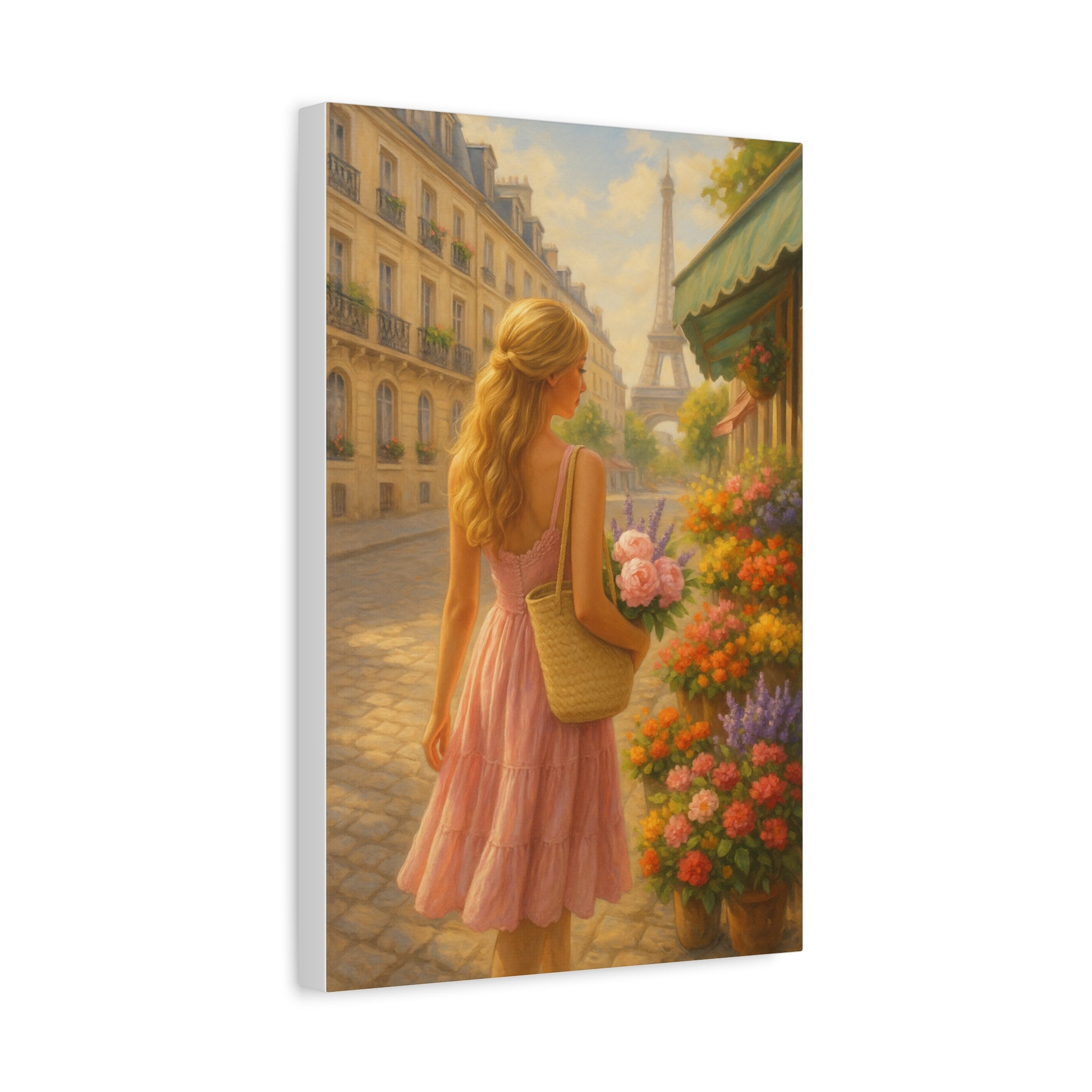 Woman in a pink dress walking down a Paris street with the Eiffel Tower in the background