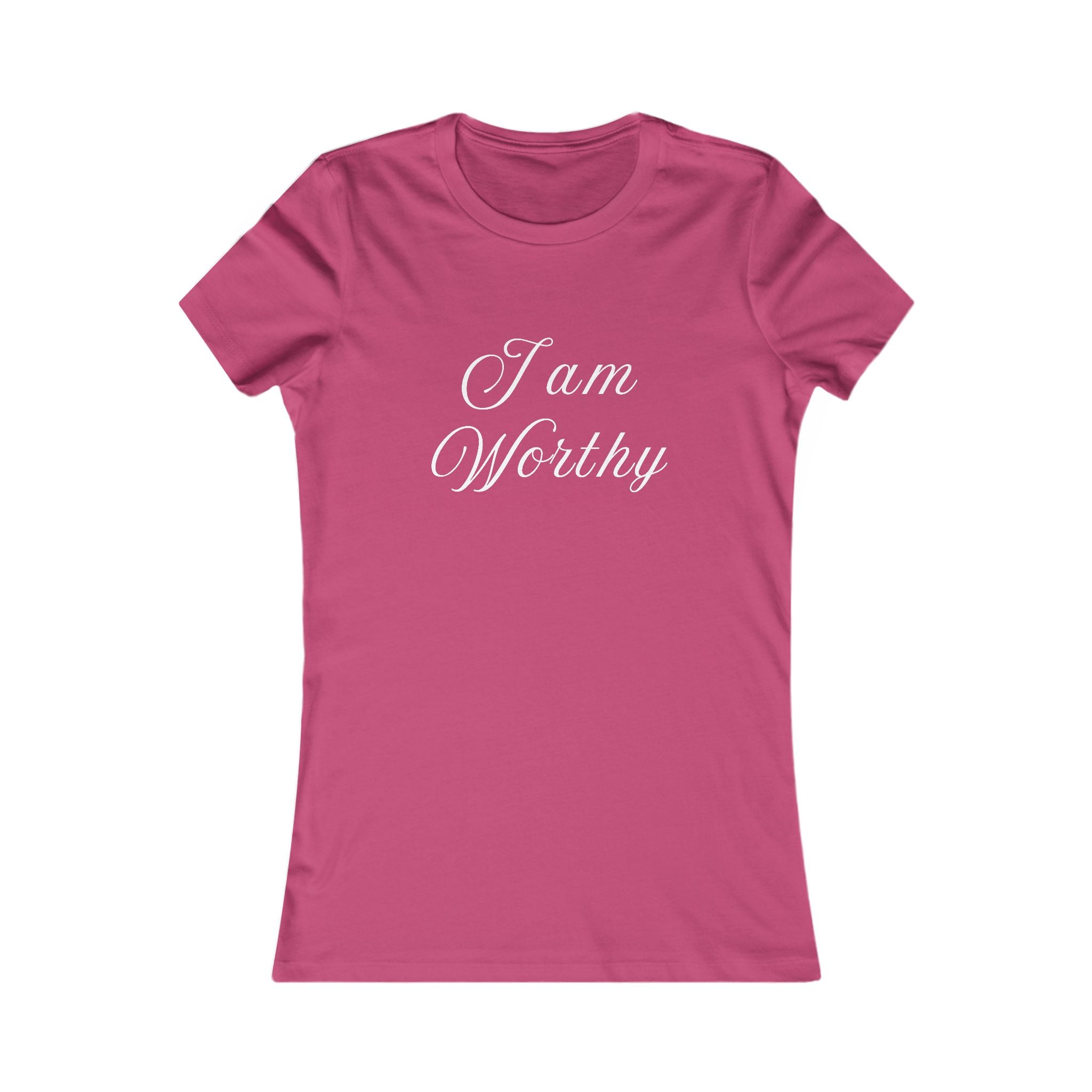 Pink t-shirt with 'I am Worthy' text on a white background