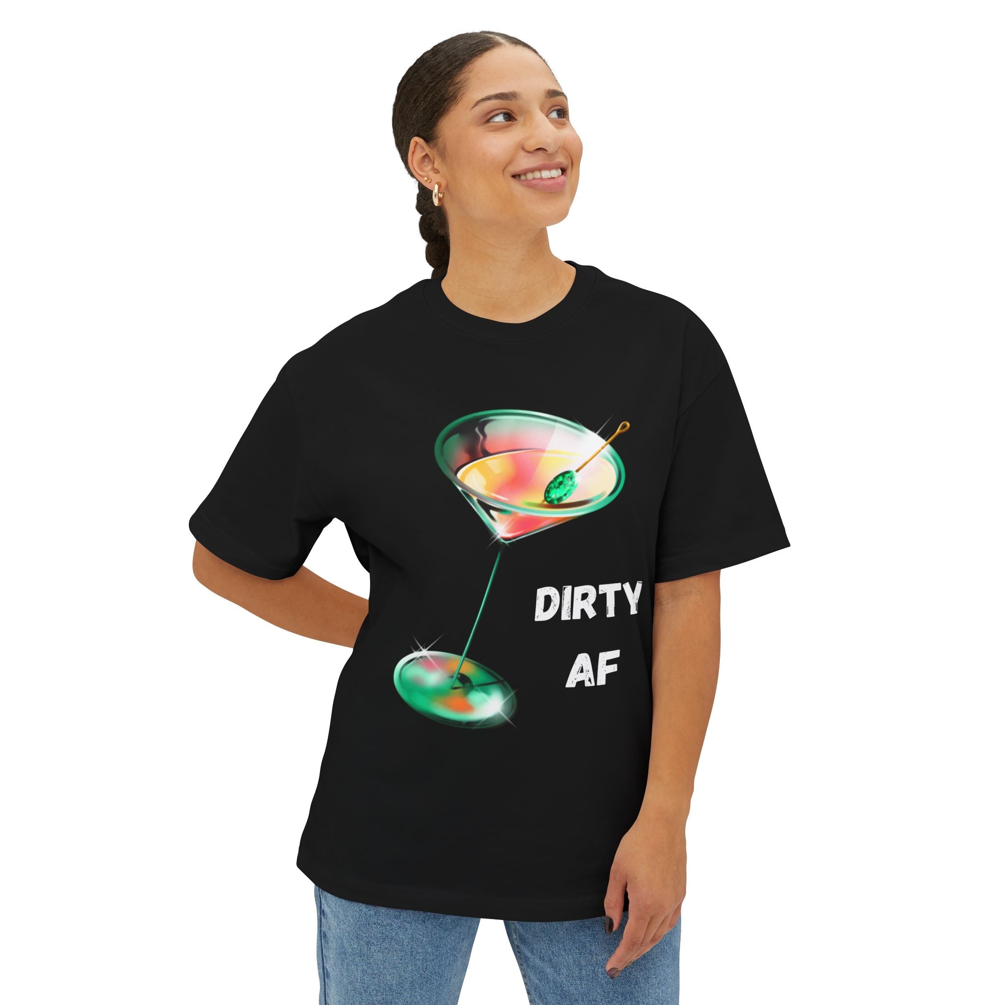 Person wearing a black t-shirt with a colorful drink graphic and 'DIRTY AF' text on a white background