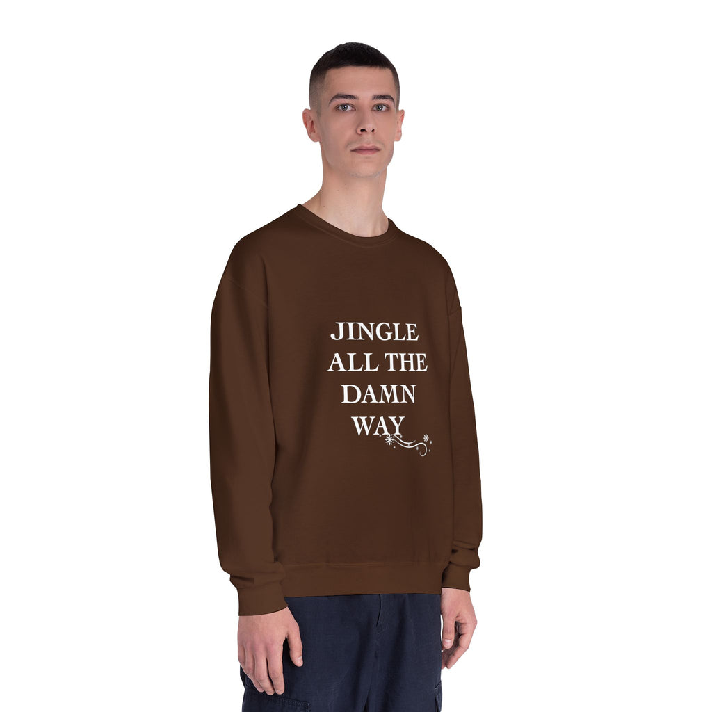 Person wearing a brown sweatshirt with text on a white background