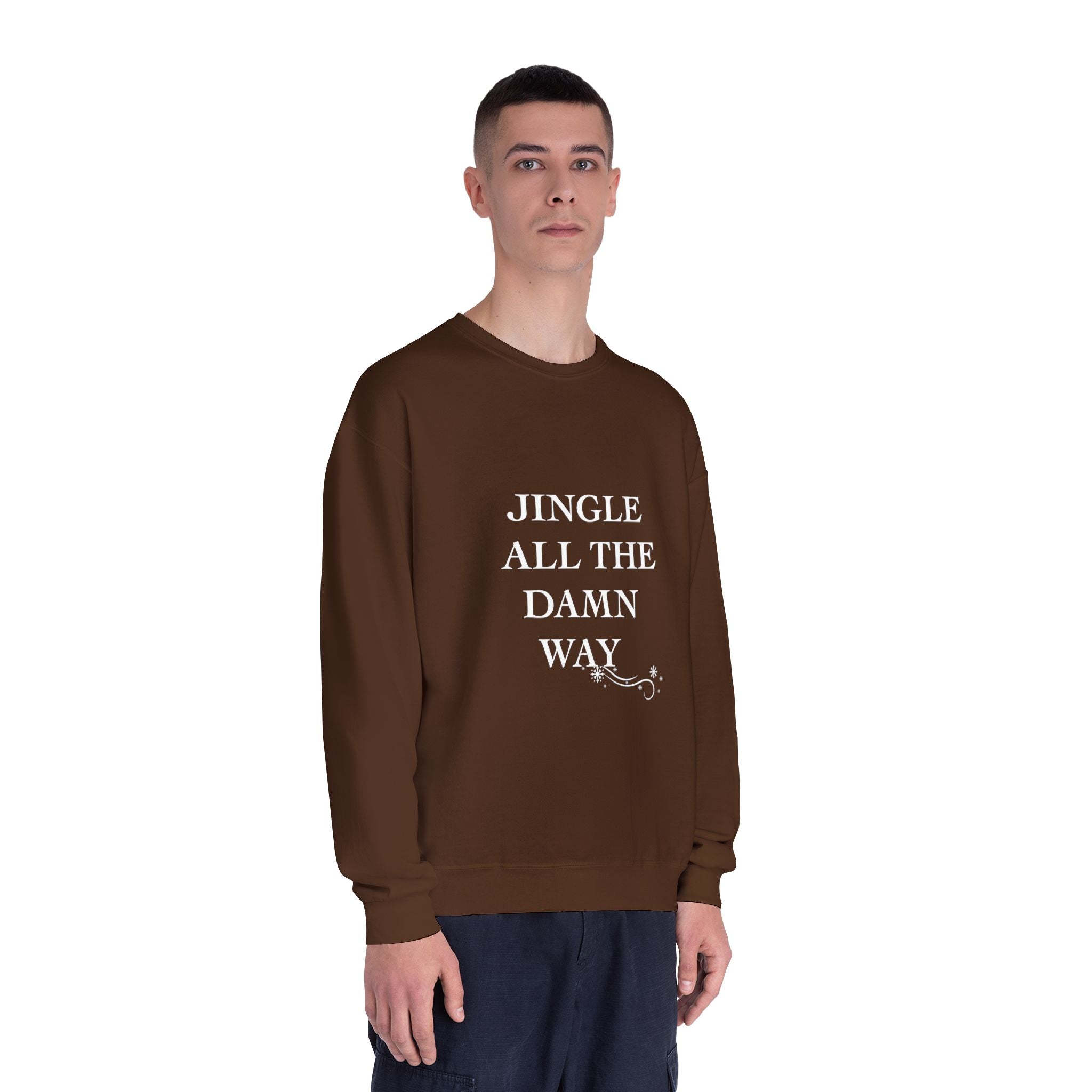Person wearing a brown sweatshirt with text on a white background