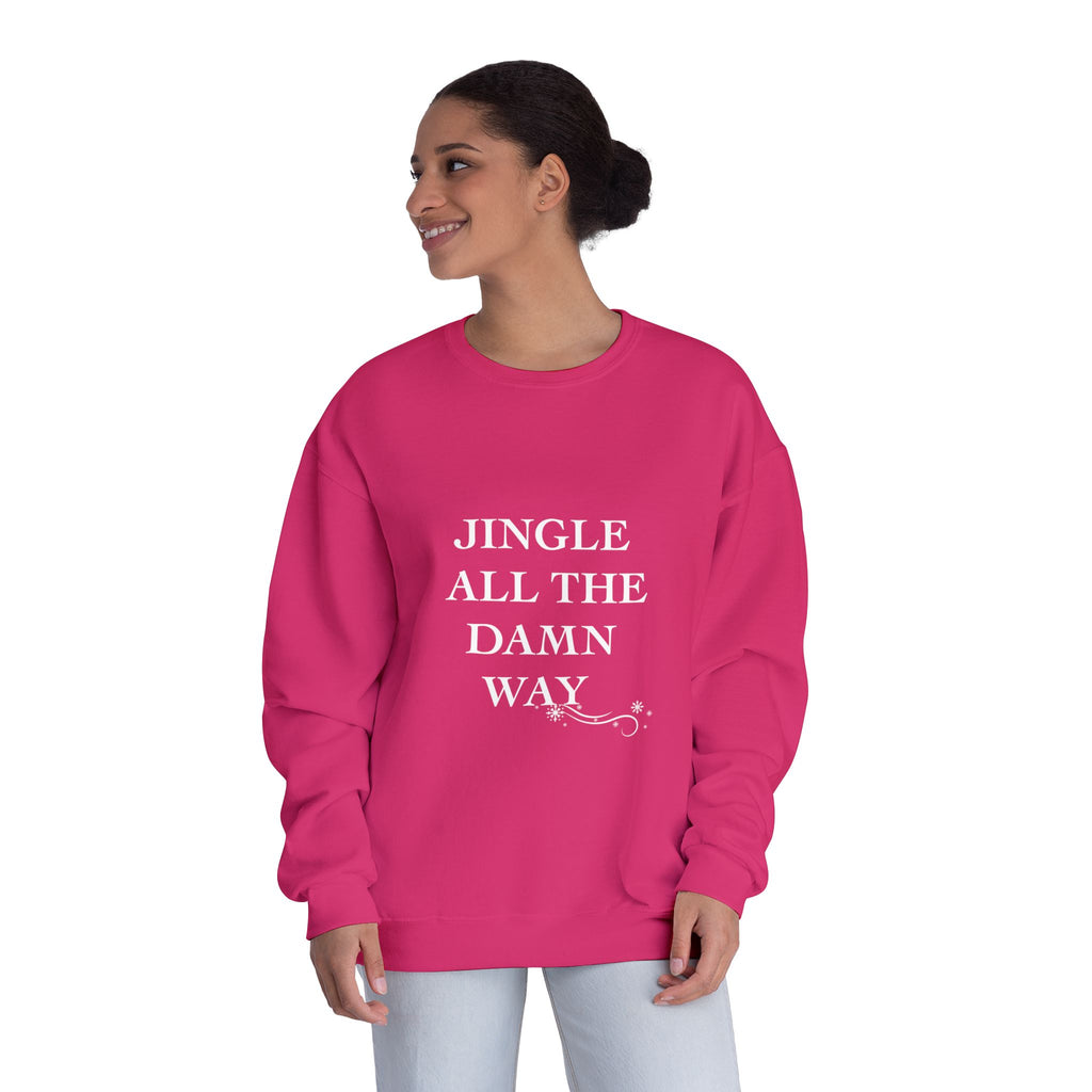 Person wearing a pink sweatshirt with 'JINGLE ALL THE DAMN WAY' text on a white background
