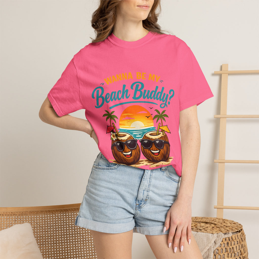 Beach Buddy T-Shirt — "Wanna Be My Beach Buddy?" Tropical Coconut Sunset Tee