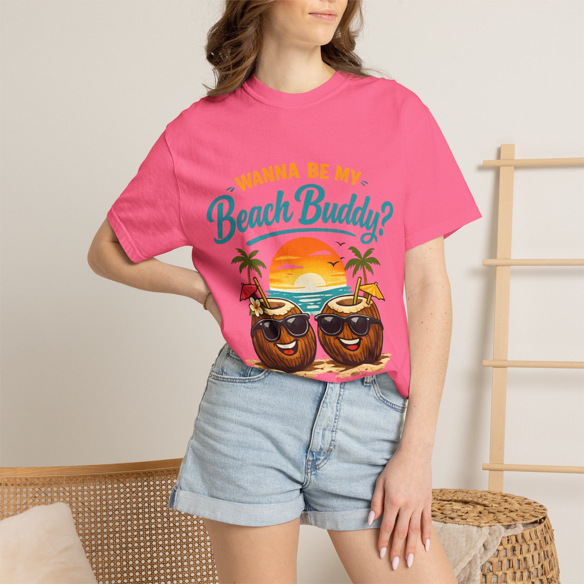 Beach Buddy T-Shirt — "Wanna Be My Beach Buddy?" Tropical Coconut Sunset Tee