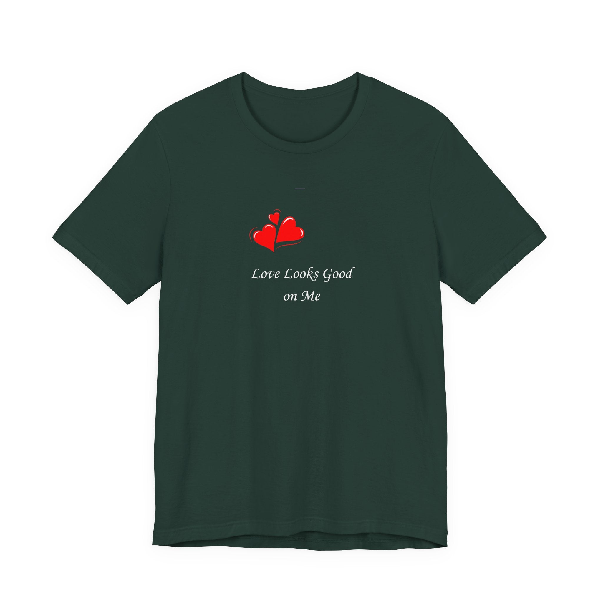 Dark green t-shirt with red heart design and text on a white background