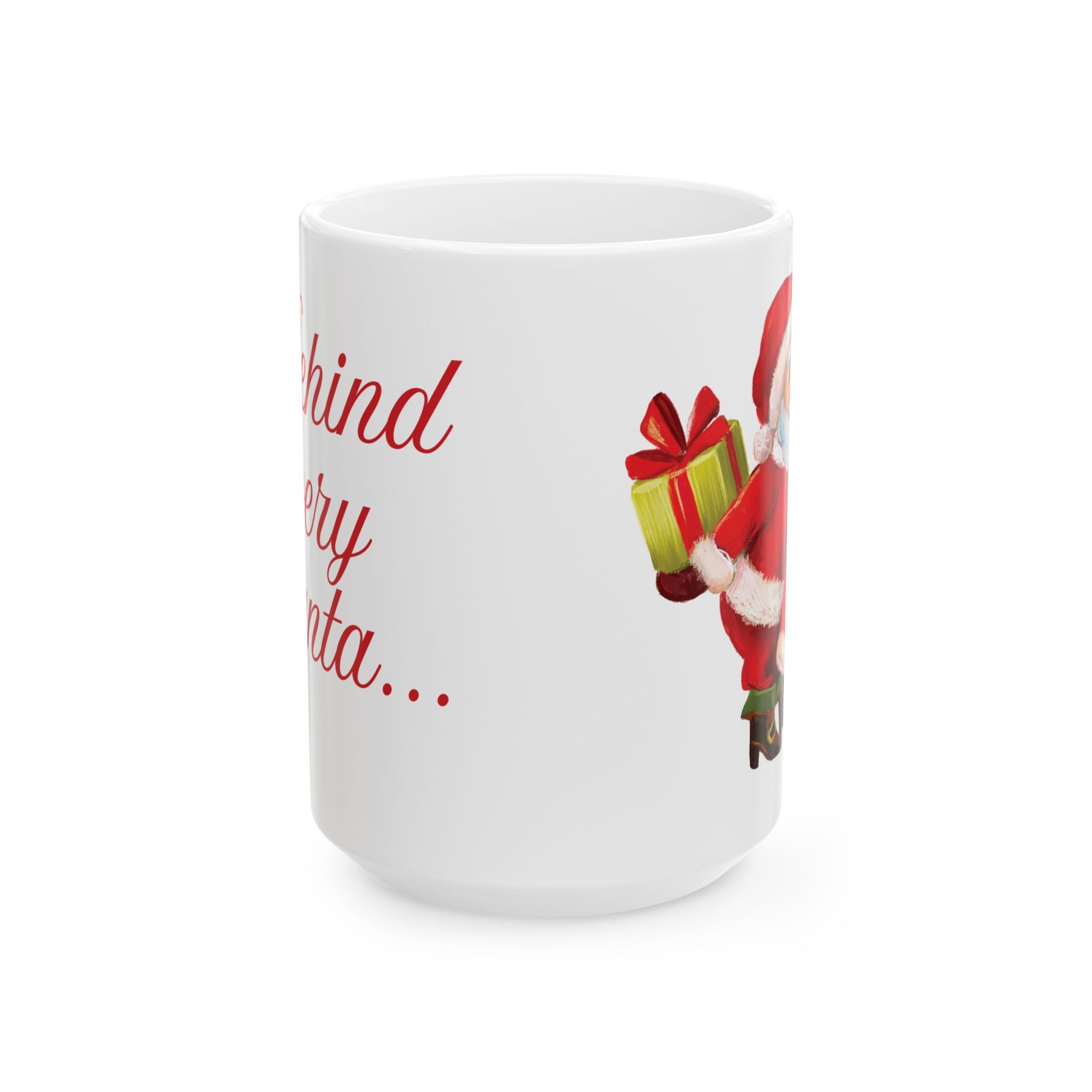White mug with Santa Claus holding a gift and text on a white background