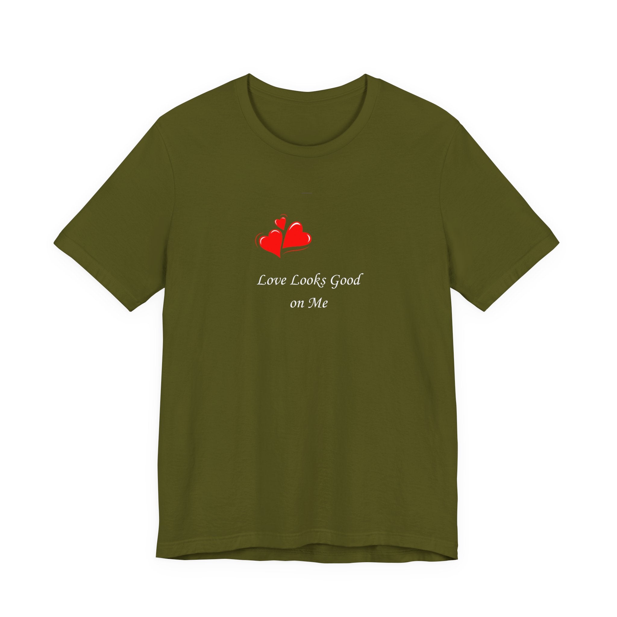Green t-shirt with red heart design and text on a white background