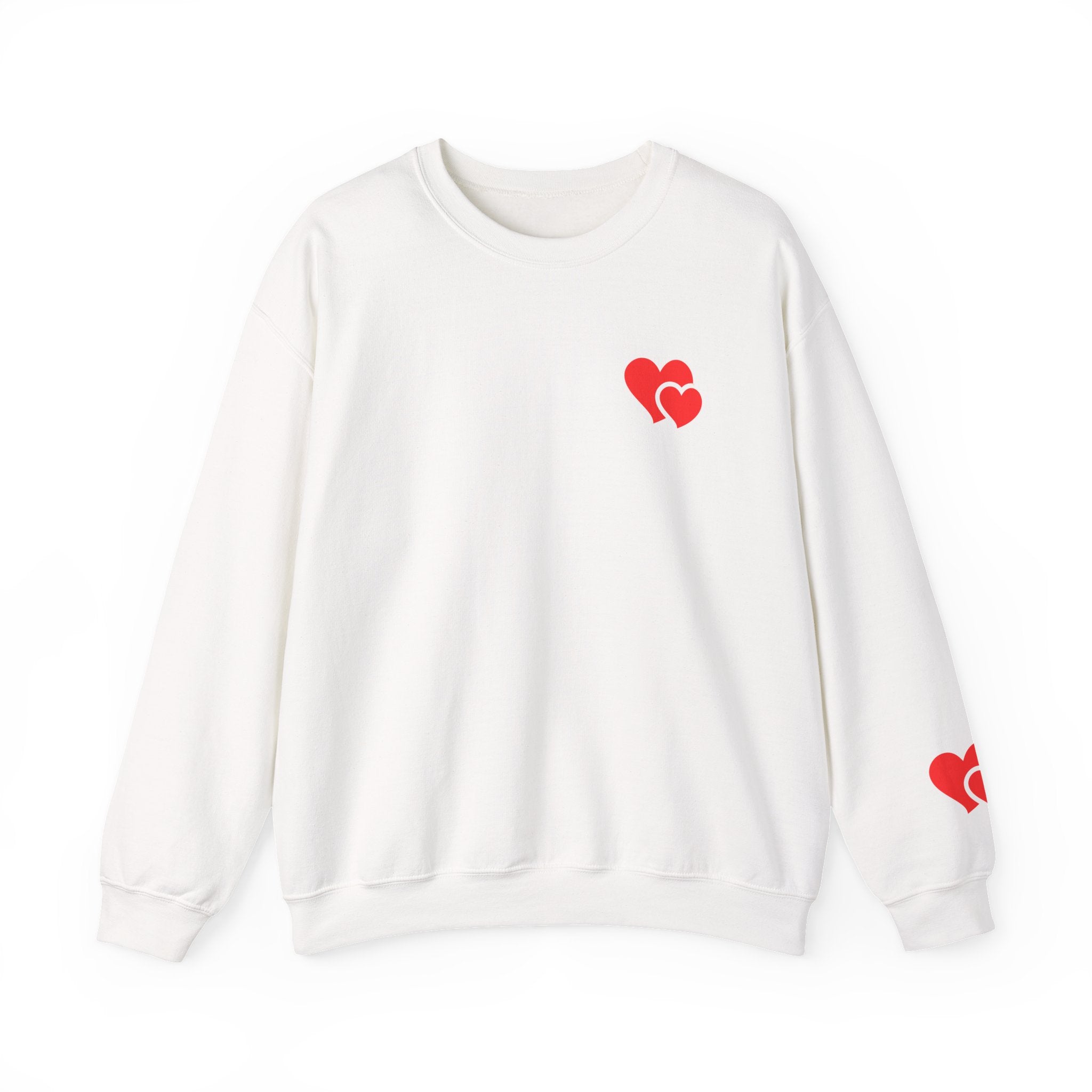 White sweatshirt with red heart designs on a white background
