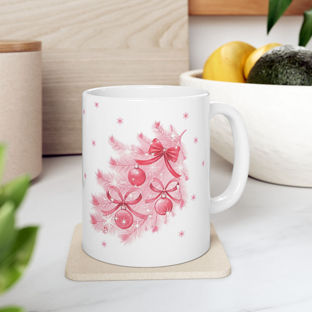 Christmas Reindeer & Pink Snowflakes Ceramic Mug (11oz, 15oz)