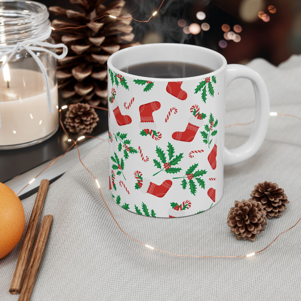 Christmas Stocking & Candy Cane Ceramic Mug — Holiday Pattern Coffee Cup (11oz, 15oz)