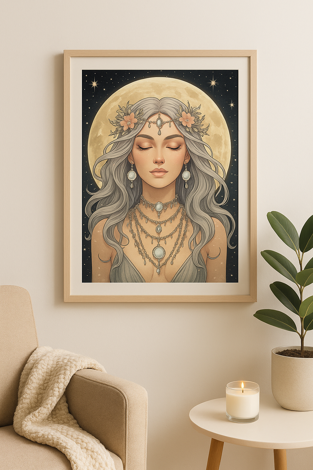 Moon Goddess Digital Wall Art – Mystical Celestial Portrait | Spiritual Printable for Modern Boho Decor
