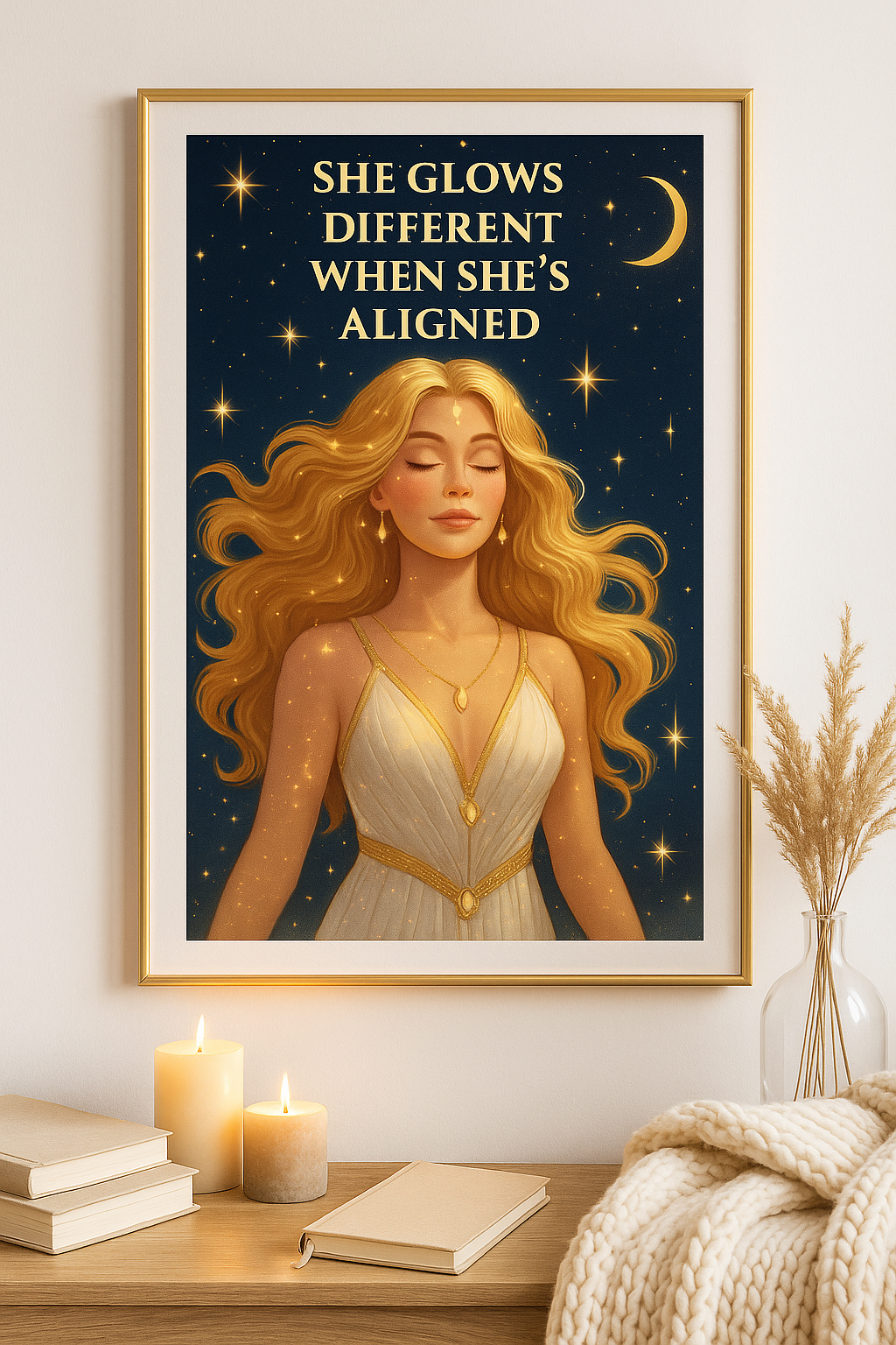 Celestial Goddess Wall Art Printable – “She Glows Different When She’s Aligned” | 8x10 Spiritual Quote Decor