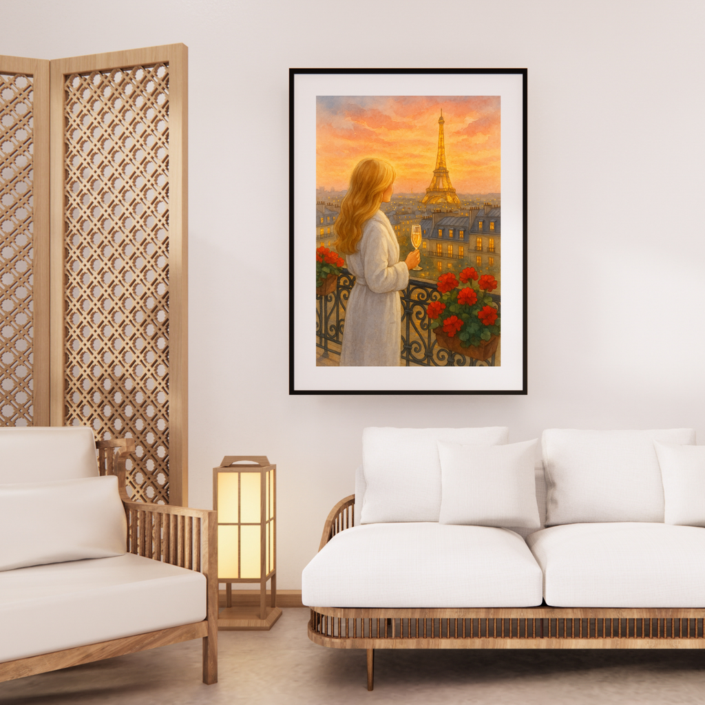 Golden Hour Paris Wall Art | Eiffel Tower Balcony View | Champagne Sunset Print