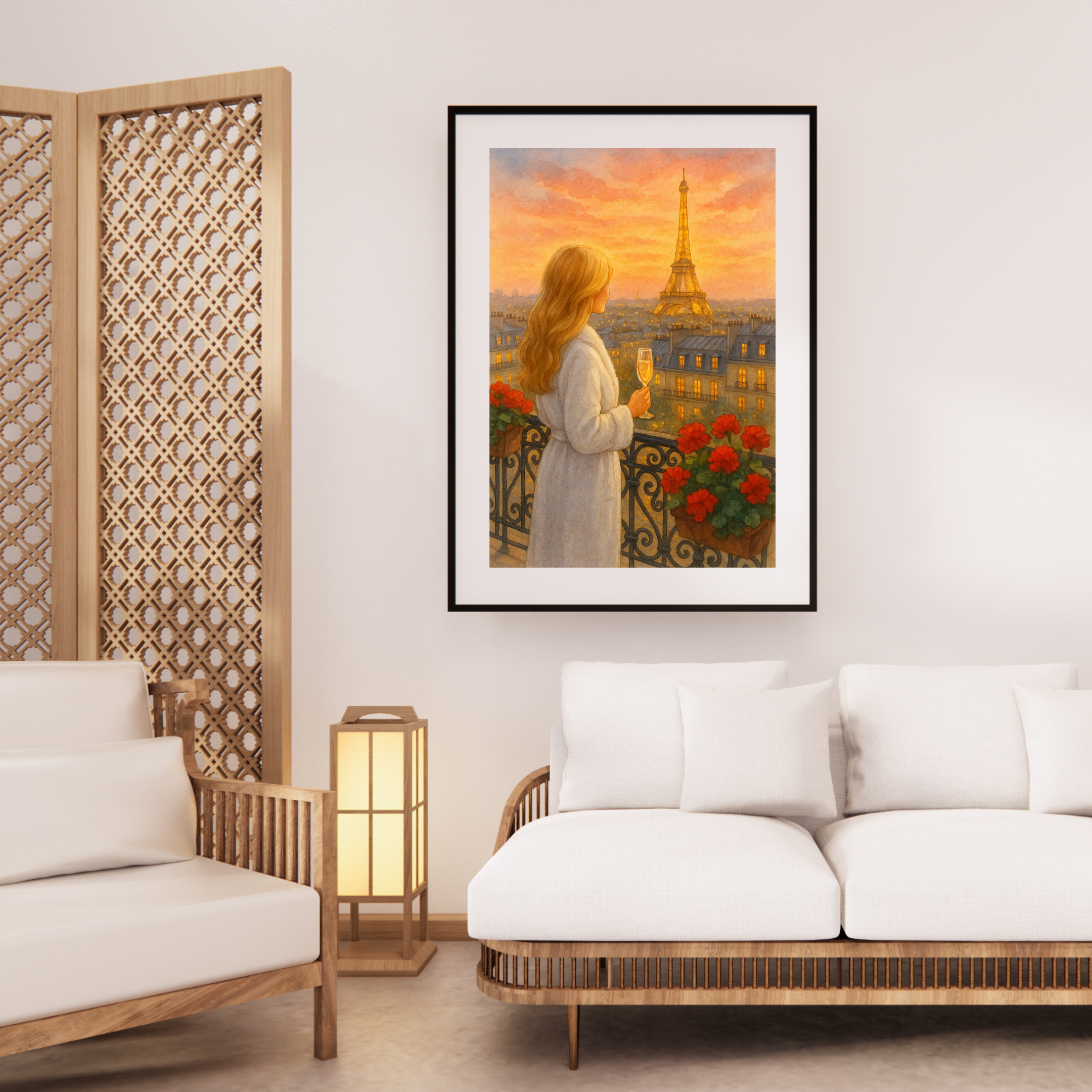 Golden Hour Paris Wall Art | Eiffel Tower Balcony View | Champagne Sunset Print