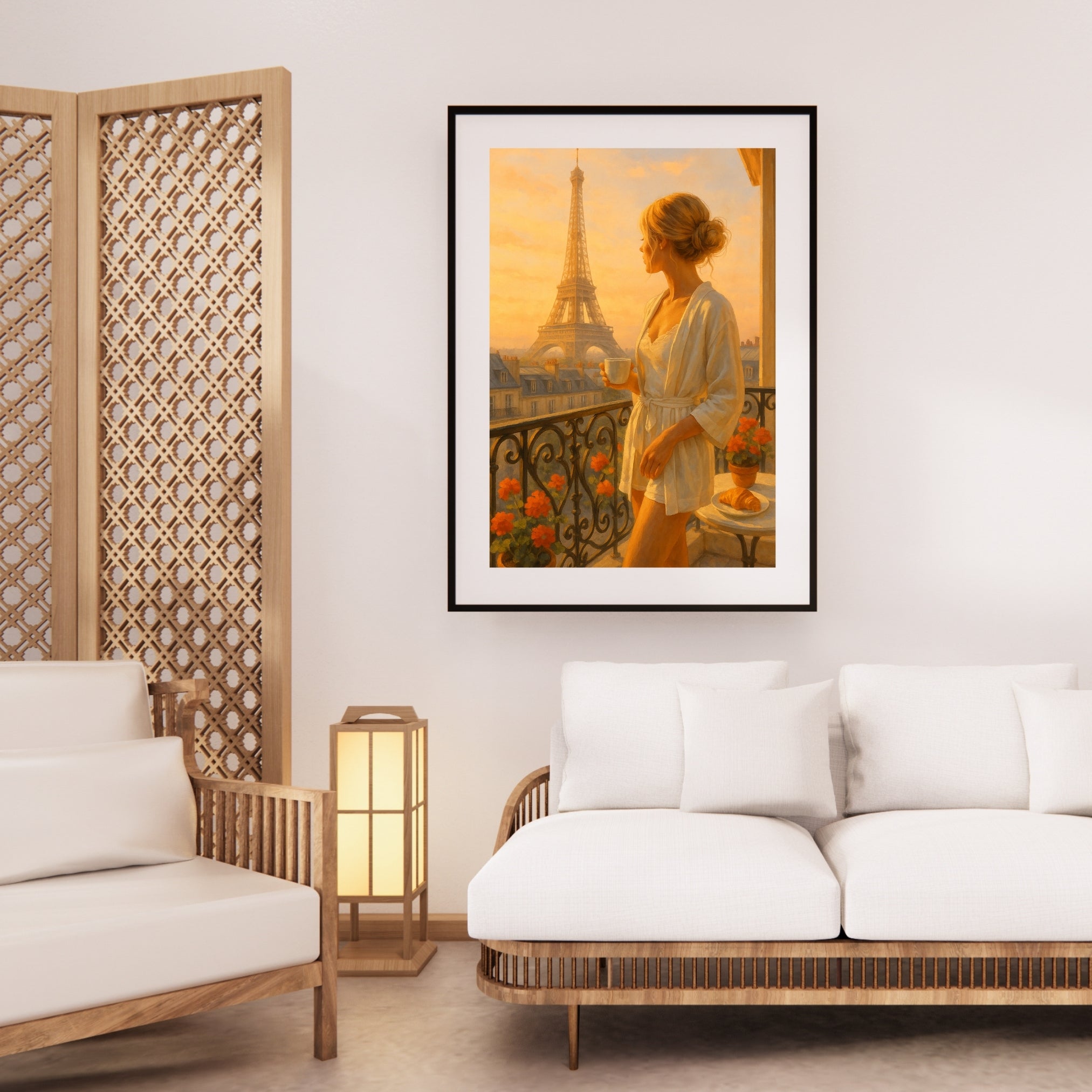 Parisian Morning Wall Art | Eiffel Tower View with Elegant Woman & Coffee | Digital Printable Art