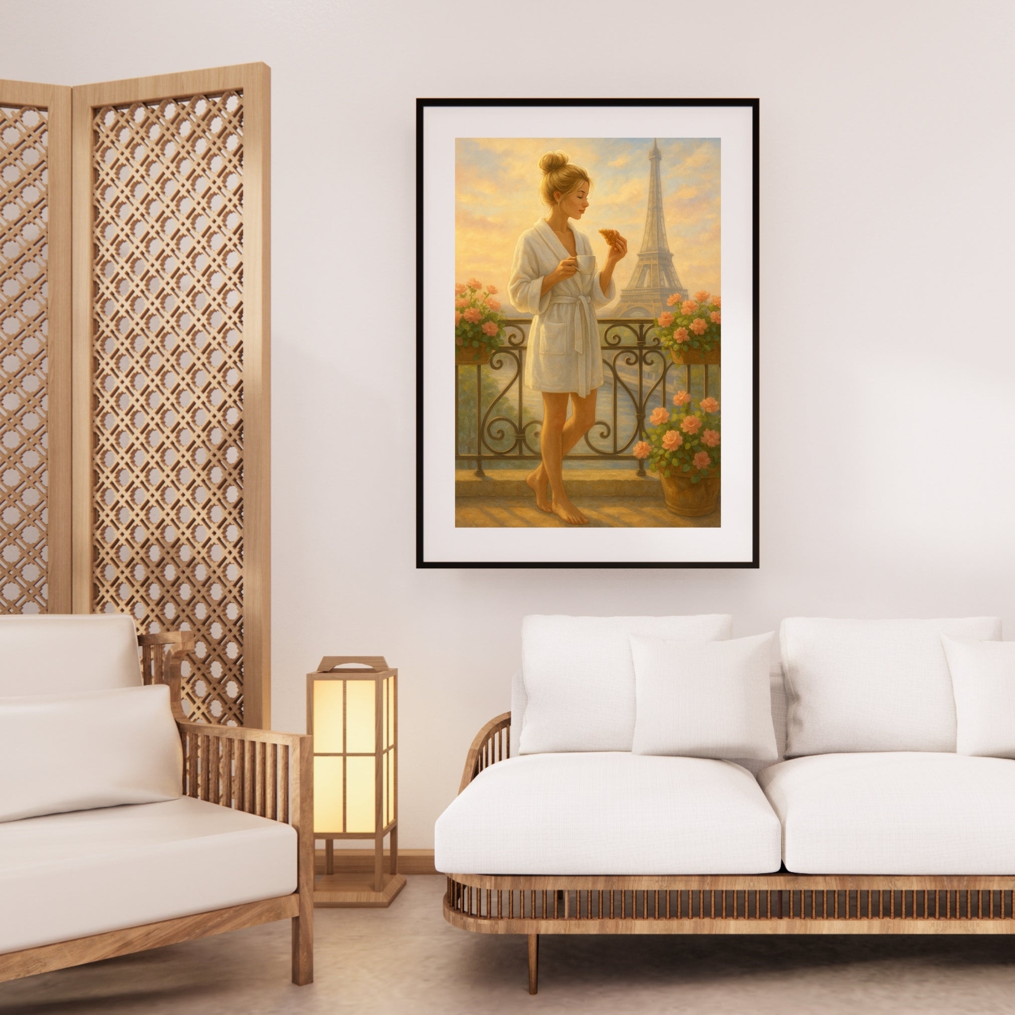 Paris Balcony Wall Art – Elegant Blonde Woman in White Robe with Coffee & Croissant | Eiffel Tower Sunrise Printable