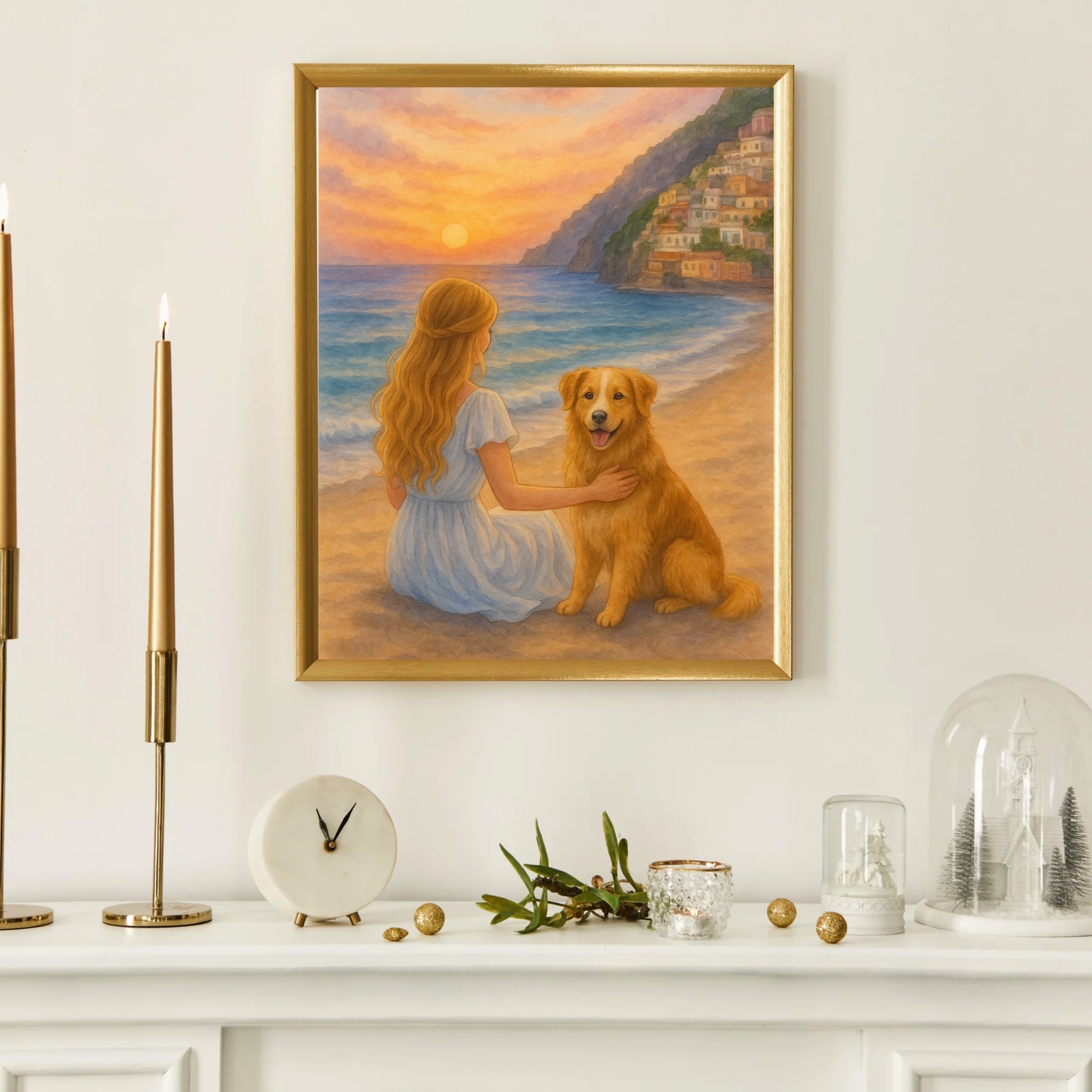 Framed artwork of a woman with a dog on a beach, displayed on a wall above a white shelf.