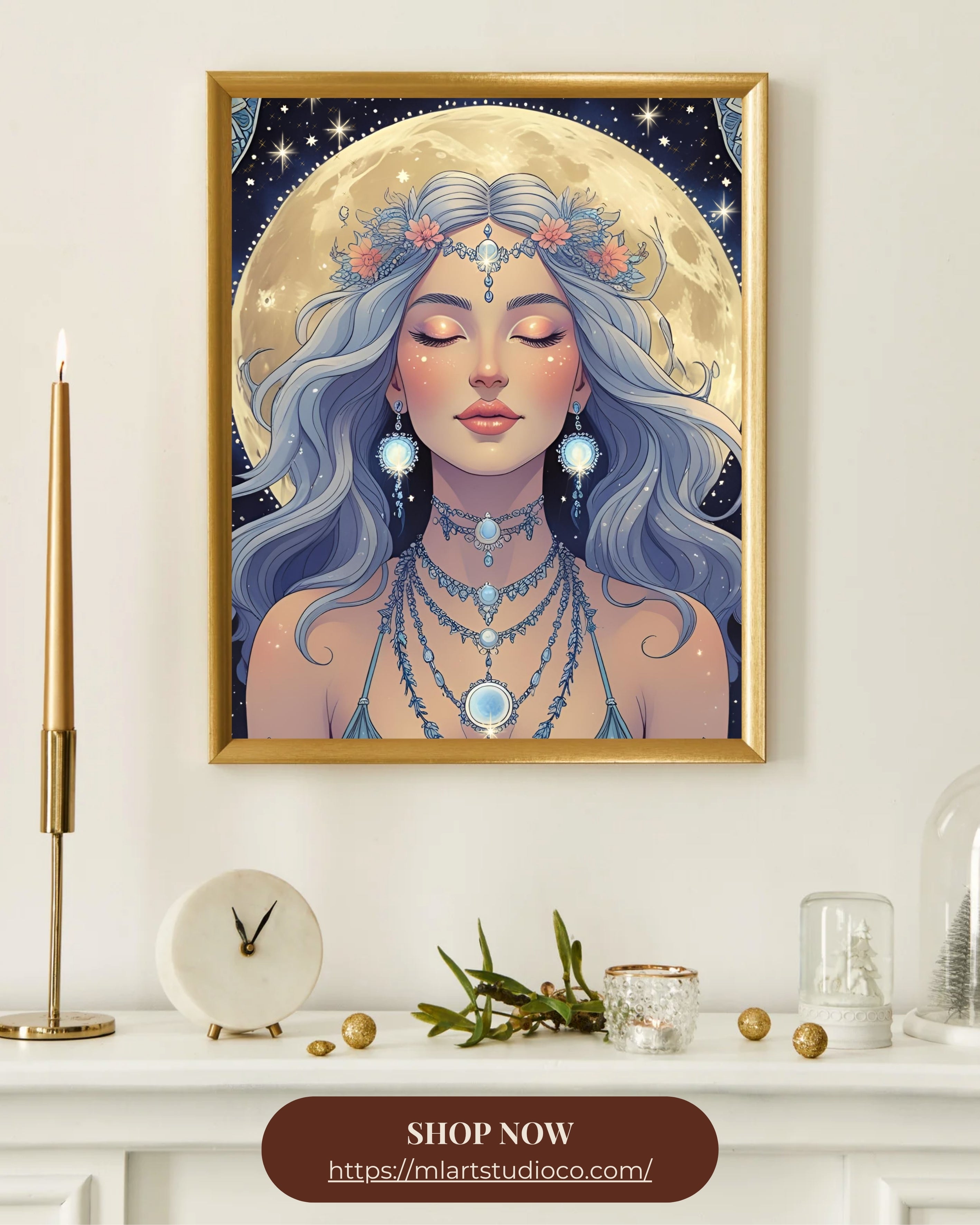 Moon Goddess Digital Wall Art – Mystical Celestial Portrait | Spiritual Printable for Modern Boho Decor