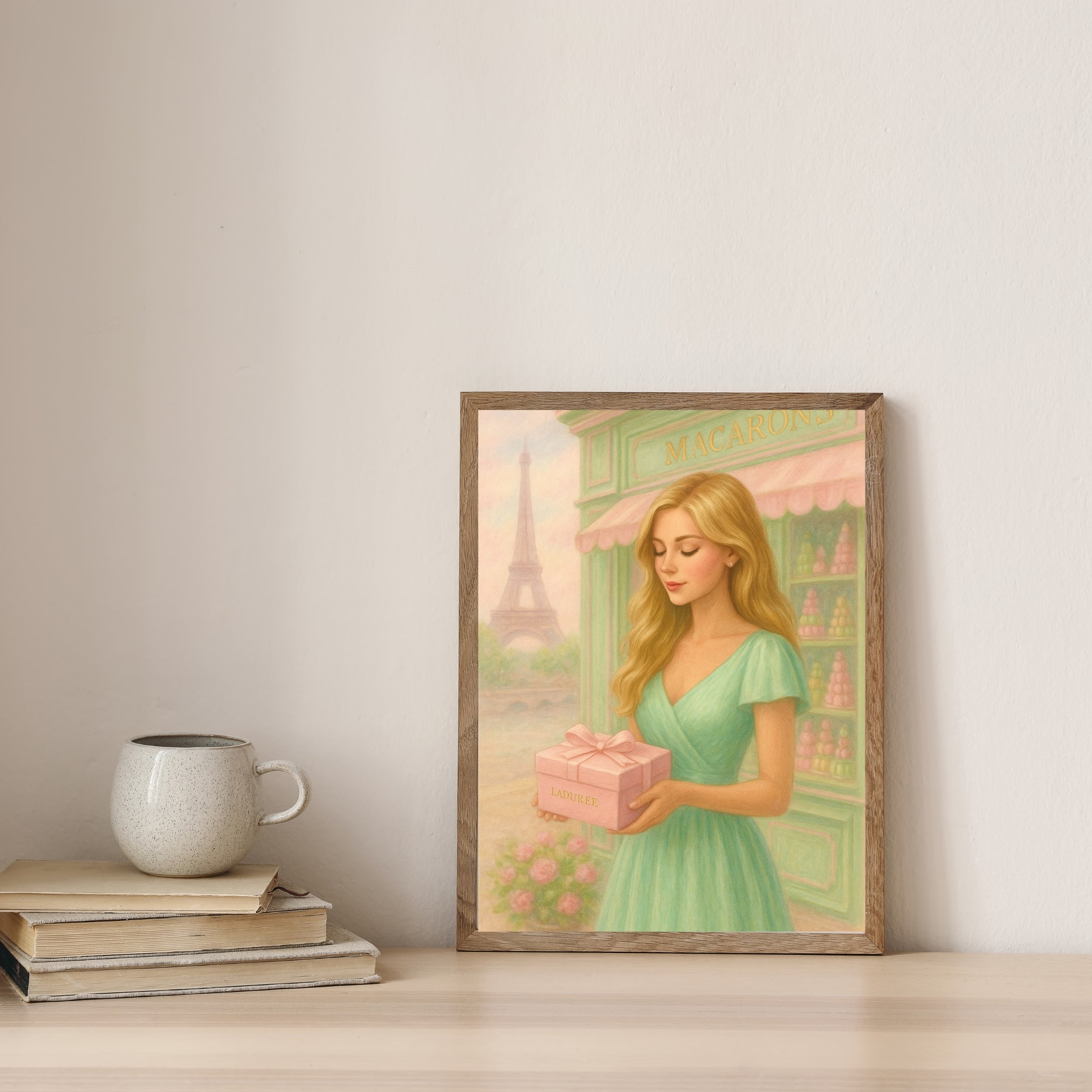 Paris Fashion Wall Art – Blonde Woman with Gift Box | Eiffel Tower Printable | Feminine Room Decor