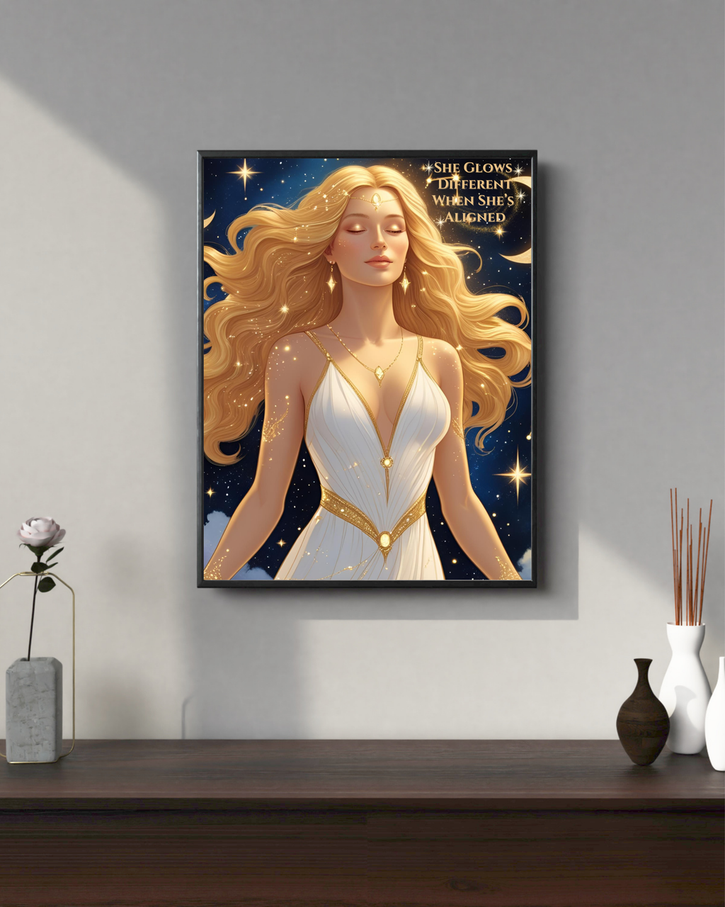 Celestial Goddess Wall Art Printable – “She Glows Different When She’s Aligned” | 8x10 Spiritual Quote Decor