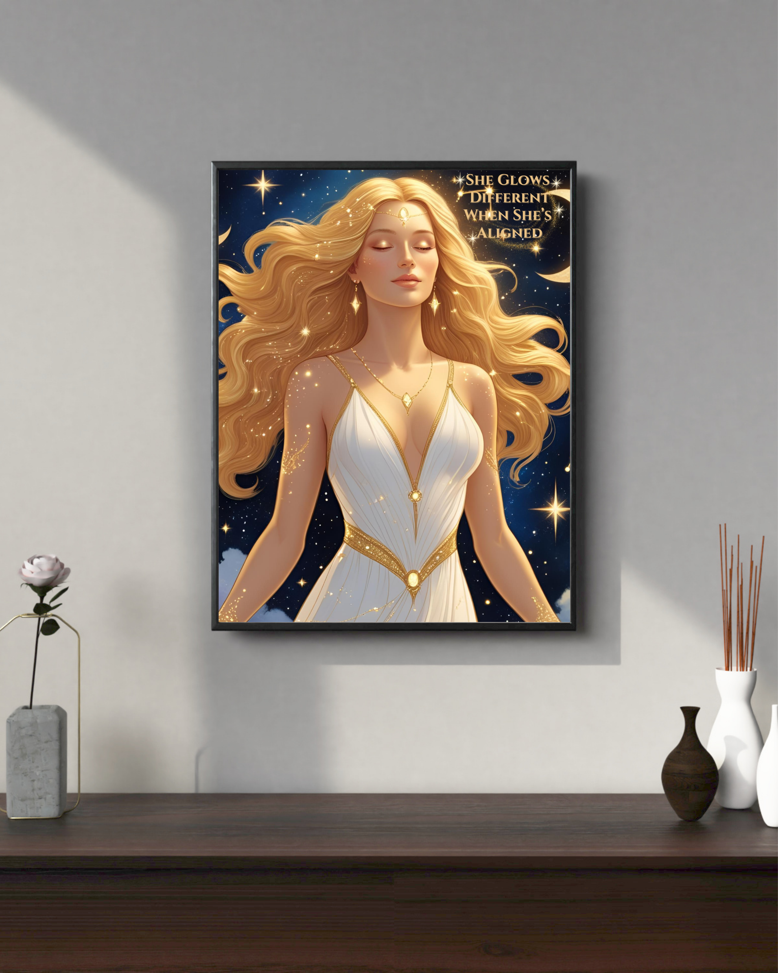 Celestial Goddess Wall Art Printable – “She Glows Different When She’s Aligned” | 8x10 Spiritual Quote Decor