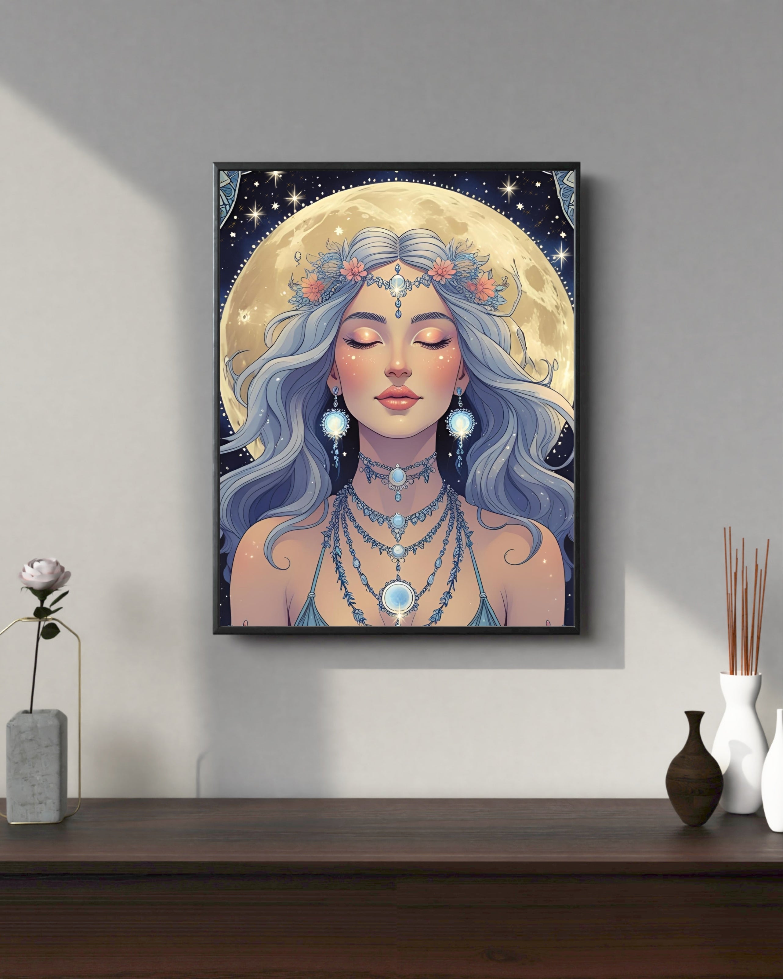 Moon Goddess Digital Wall Art – Mystical Celestial Portrait | Spiritual Printable for Modern Boho Decor
