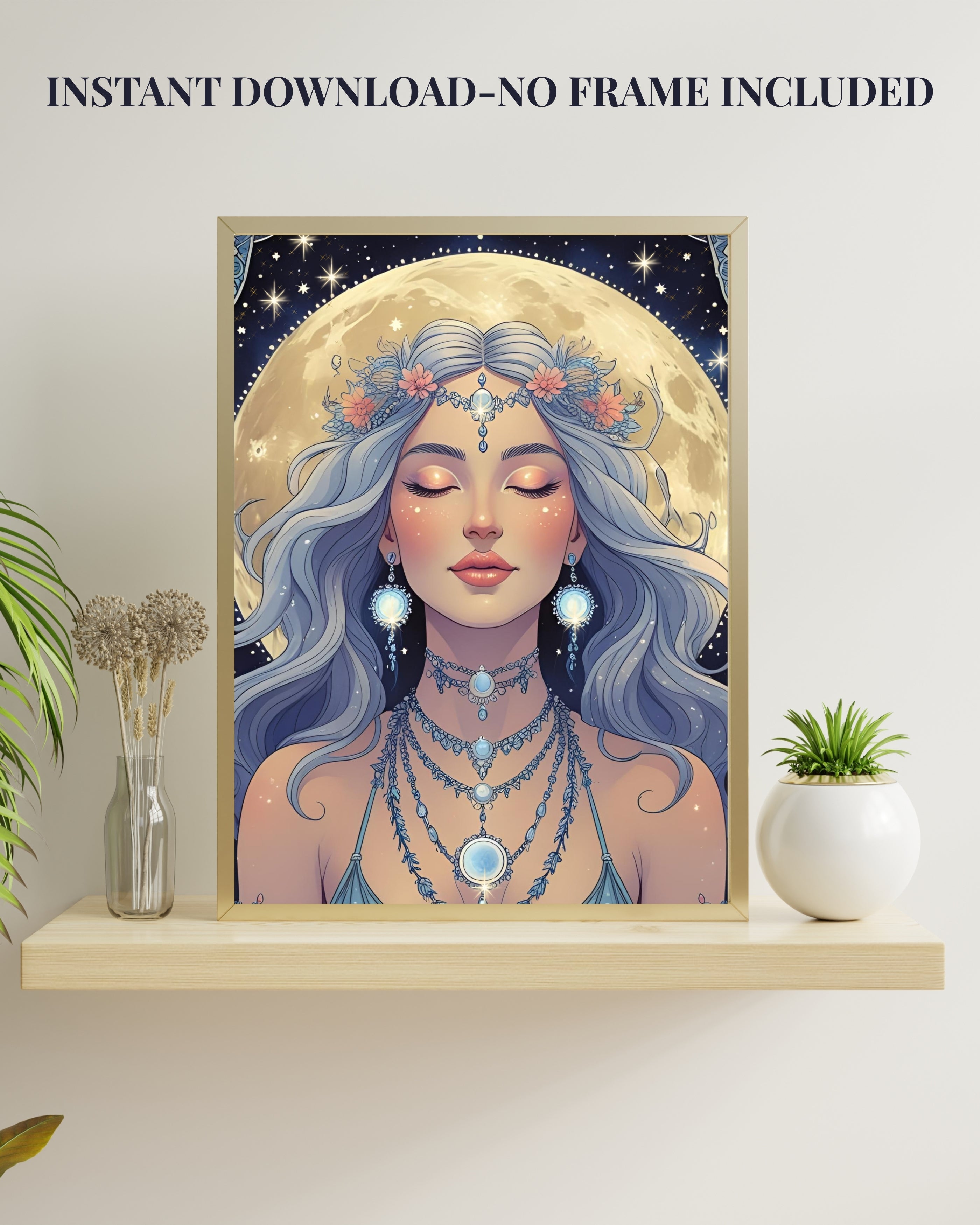 Moon Goddess Digital Wall Art – Mystical Celestial Portrait | Spiritual Printable for Modern Boho Decor