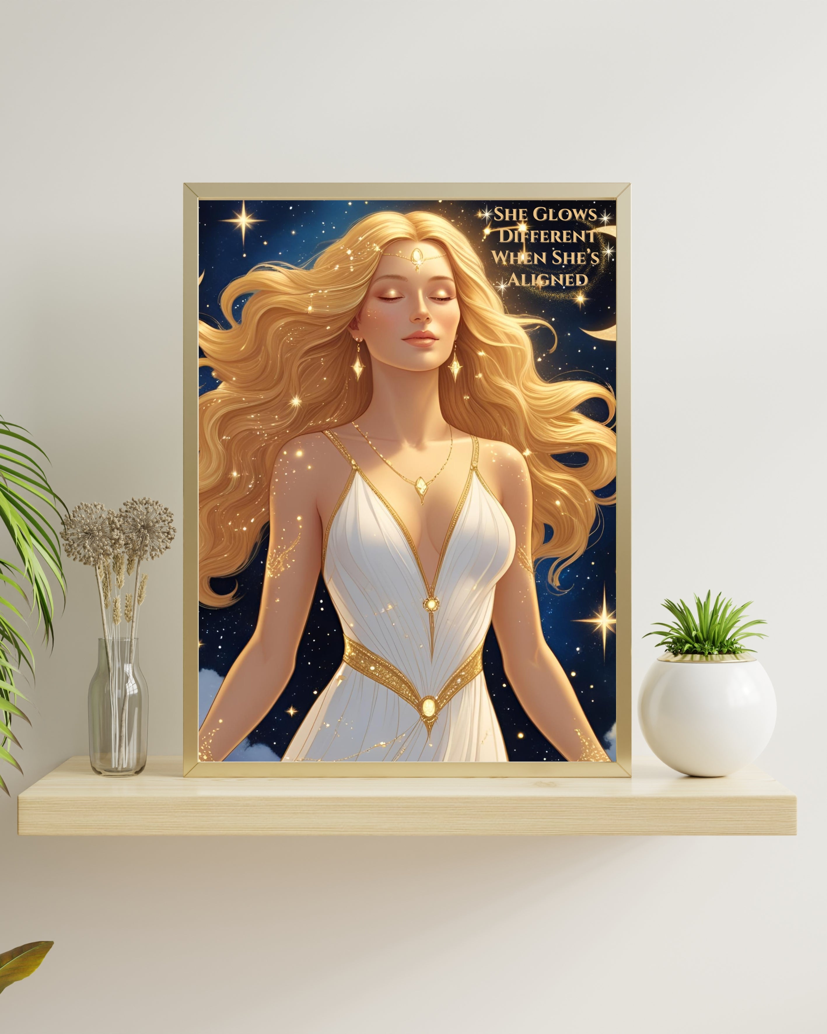 Celestial Goddess Wall Art Printable – “She Glows Different When She’s Aligned” | 8x10 Spiritual Quote Decor