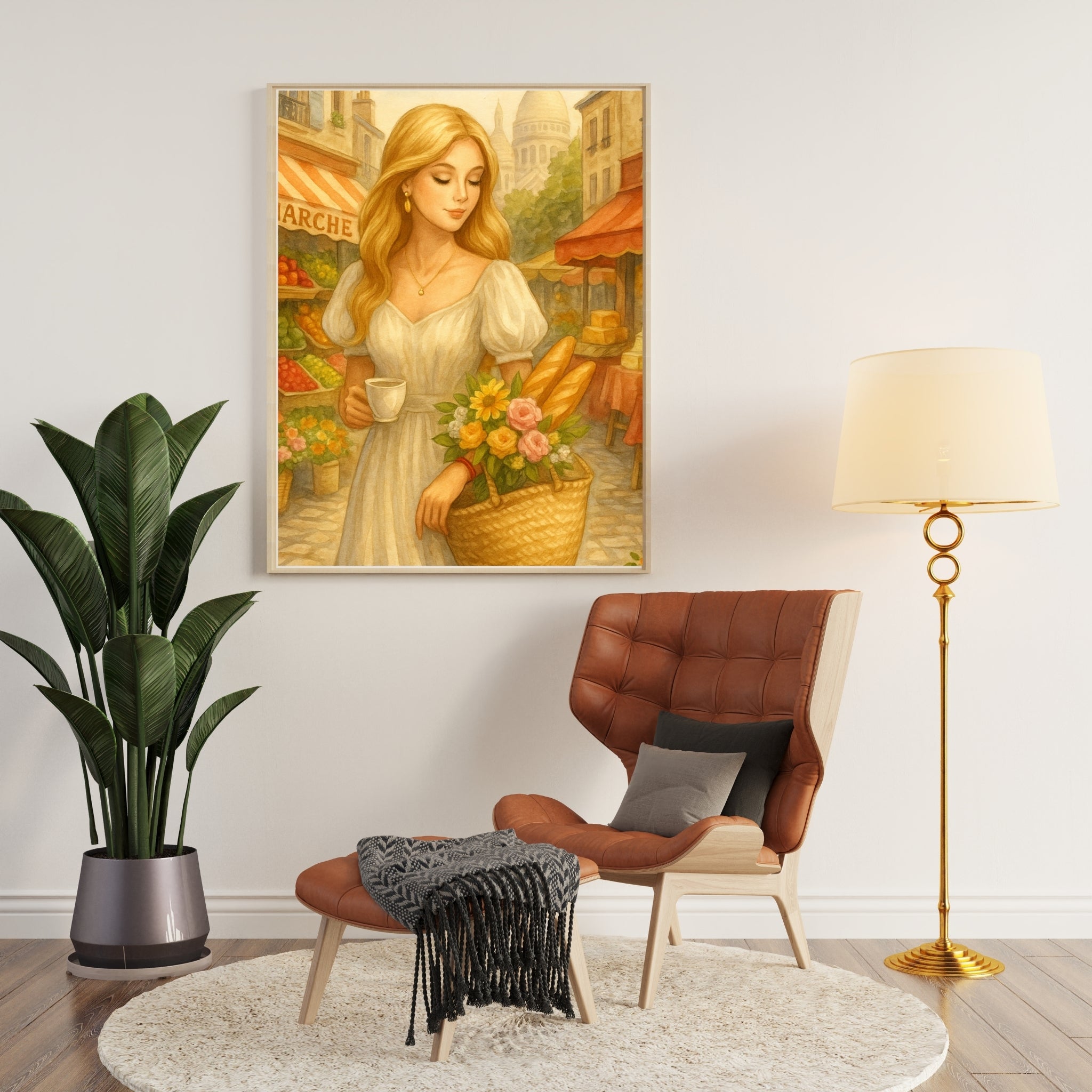 Parisian Market Morning | Blonde Woman with Coffee & Flowers | Romantic French Village Wall Art | Vintage Style Printable