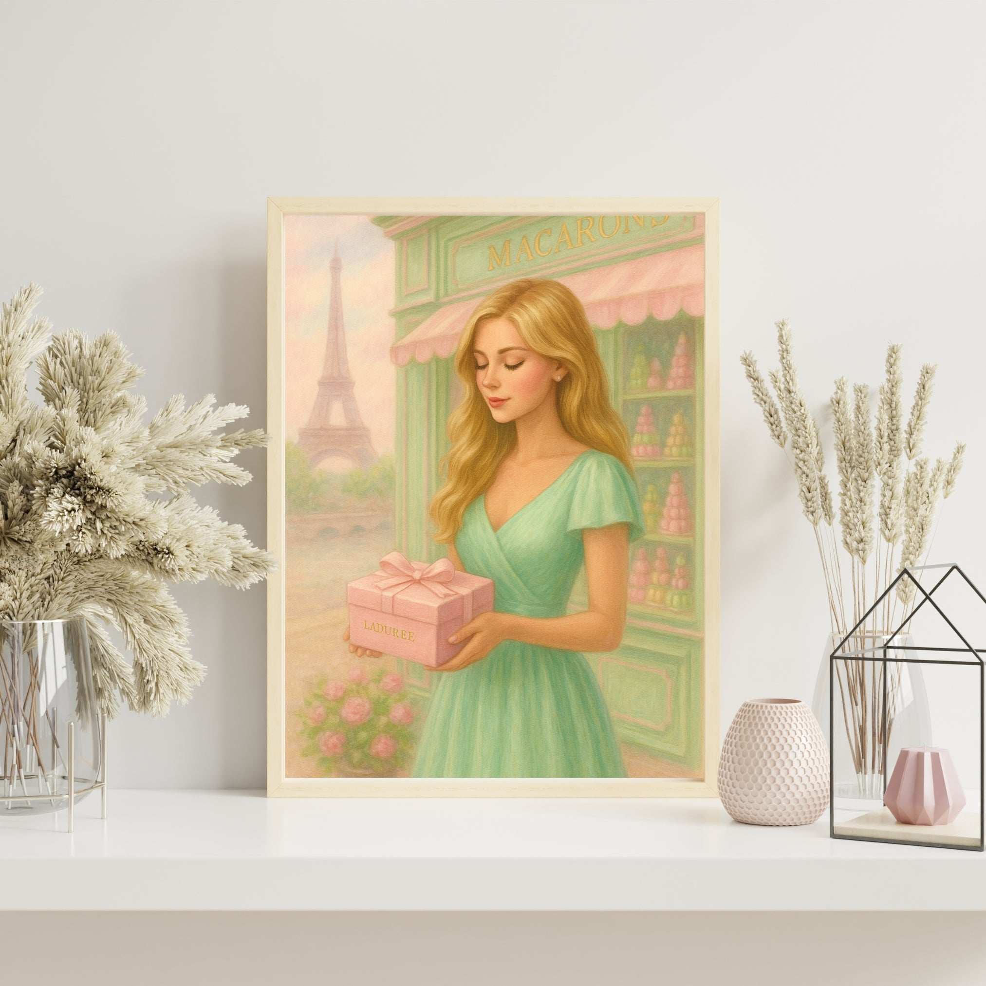 Paris Fashion Wall Art – Blonde Woman with Gift Box | Eiffel Tower Printable | Feminine Room Decor